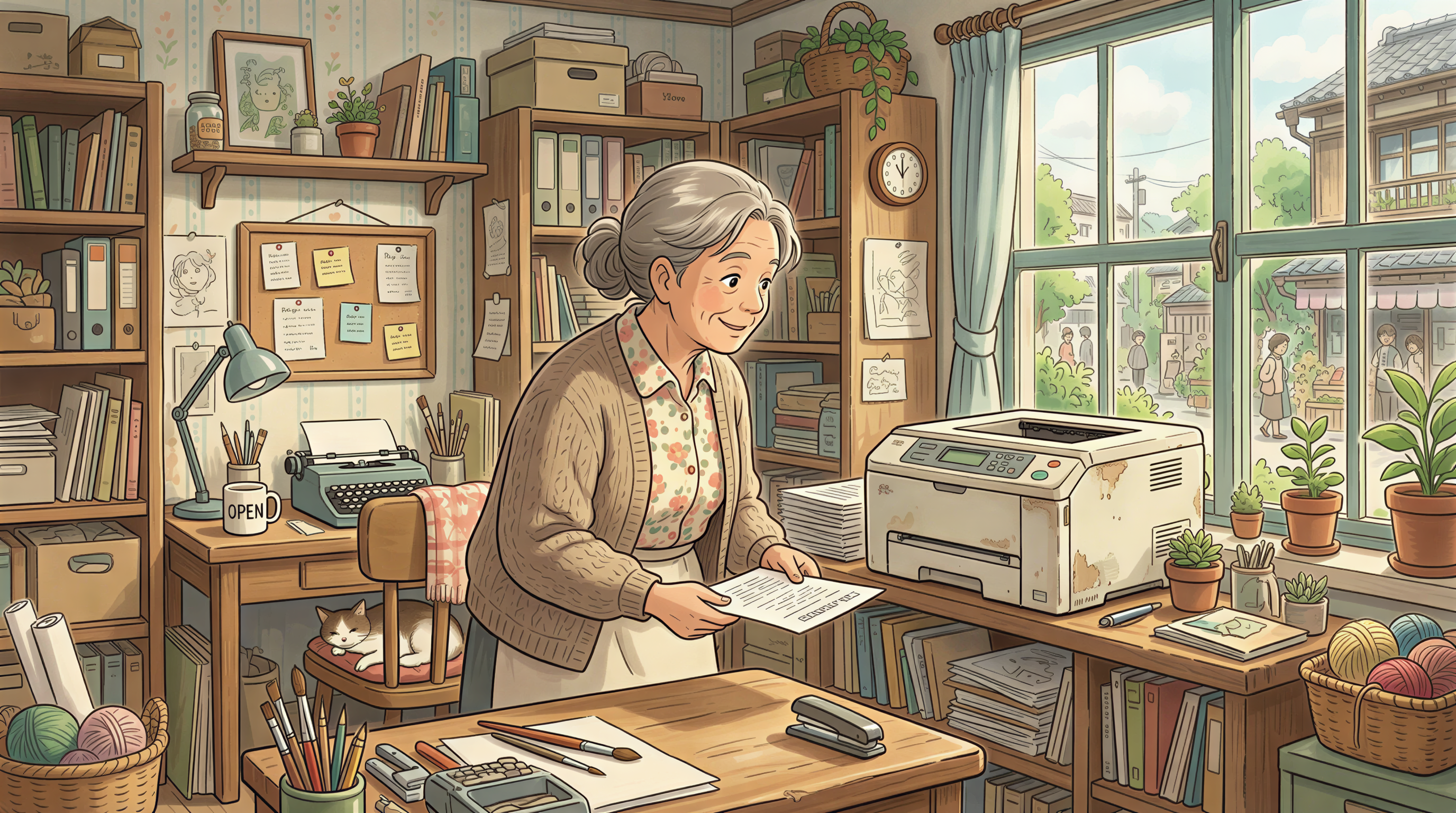 A small shop owner checking an old printer in their store to see if it works for click and collect.