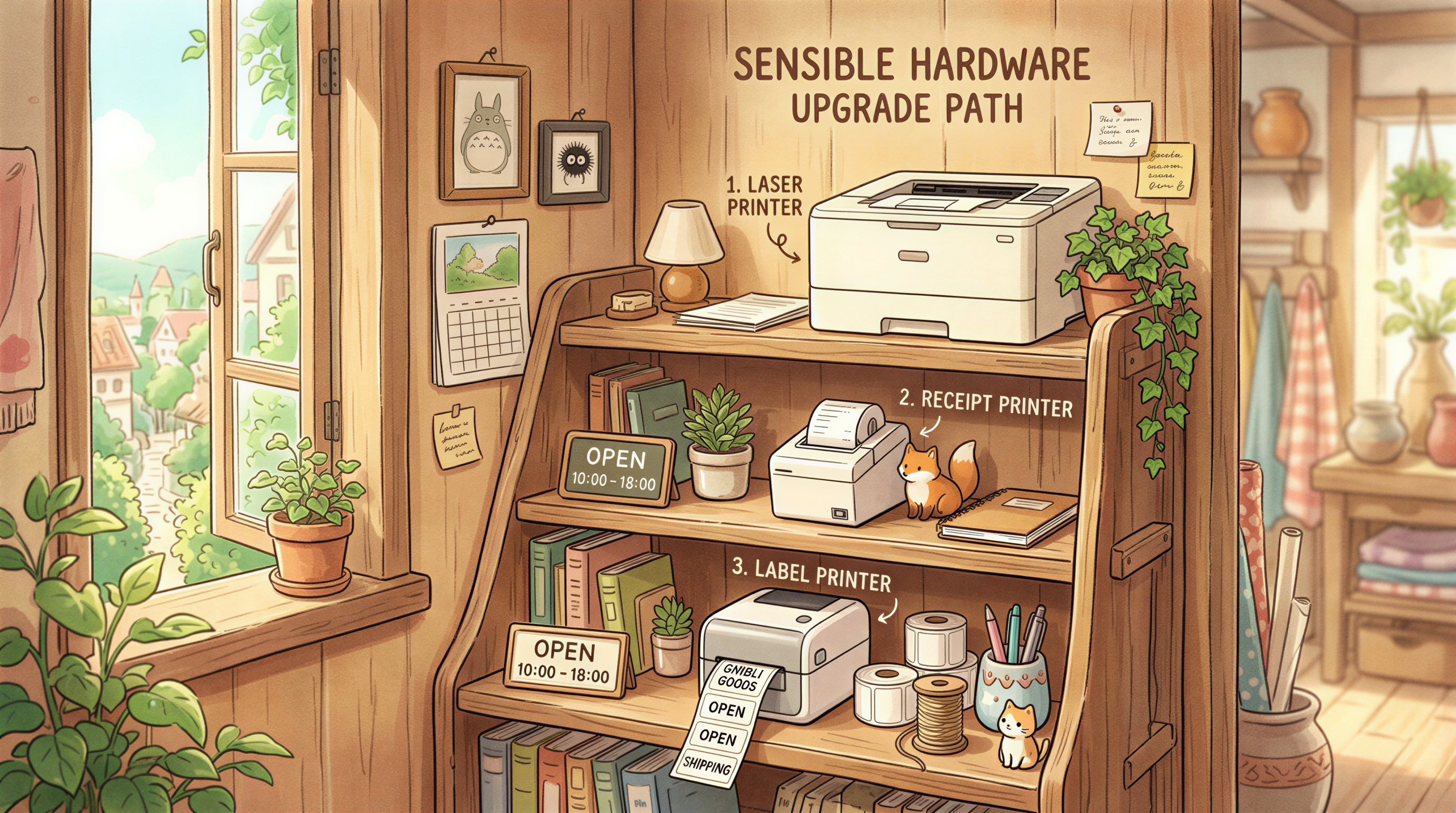 A neatly organized shelf showing the progression of printer hardware in a small store.