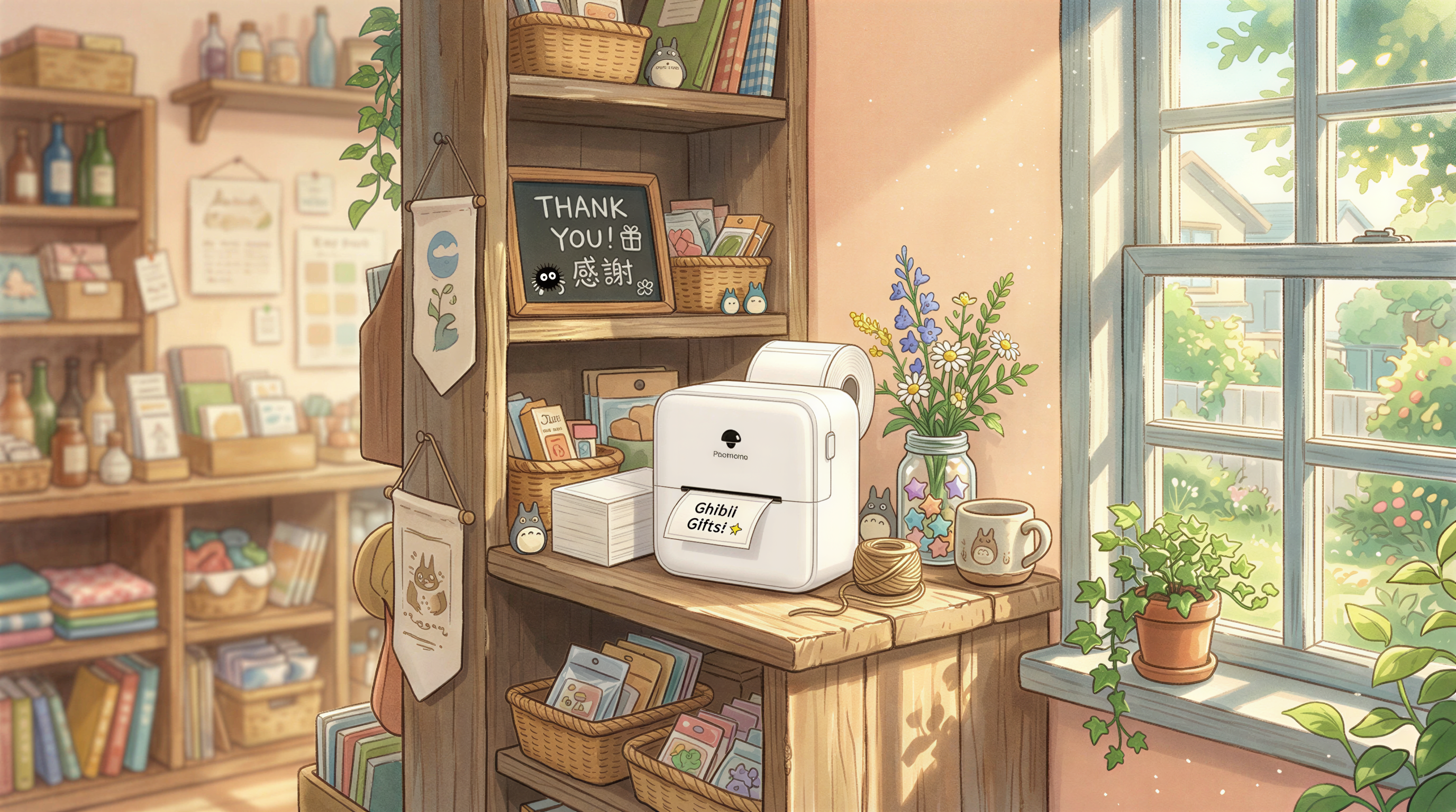A thermal label printer sitting on a shelf in a small shop, ready for courier shipments.
