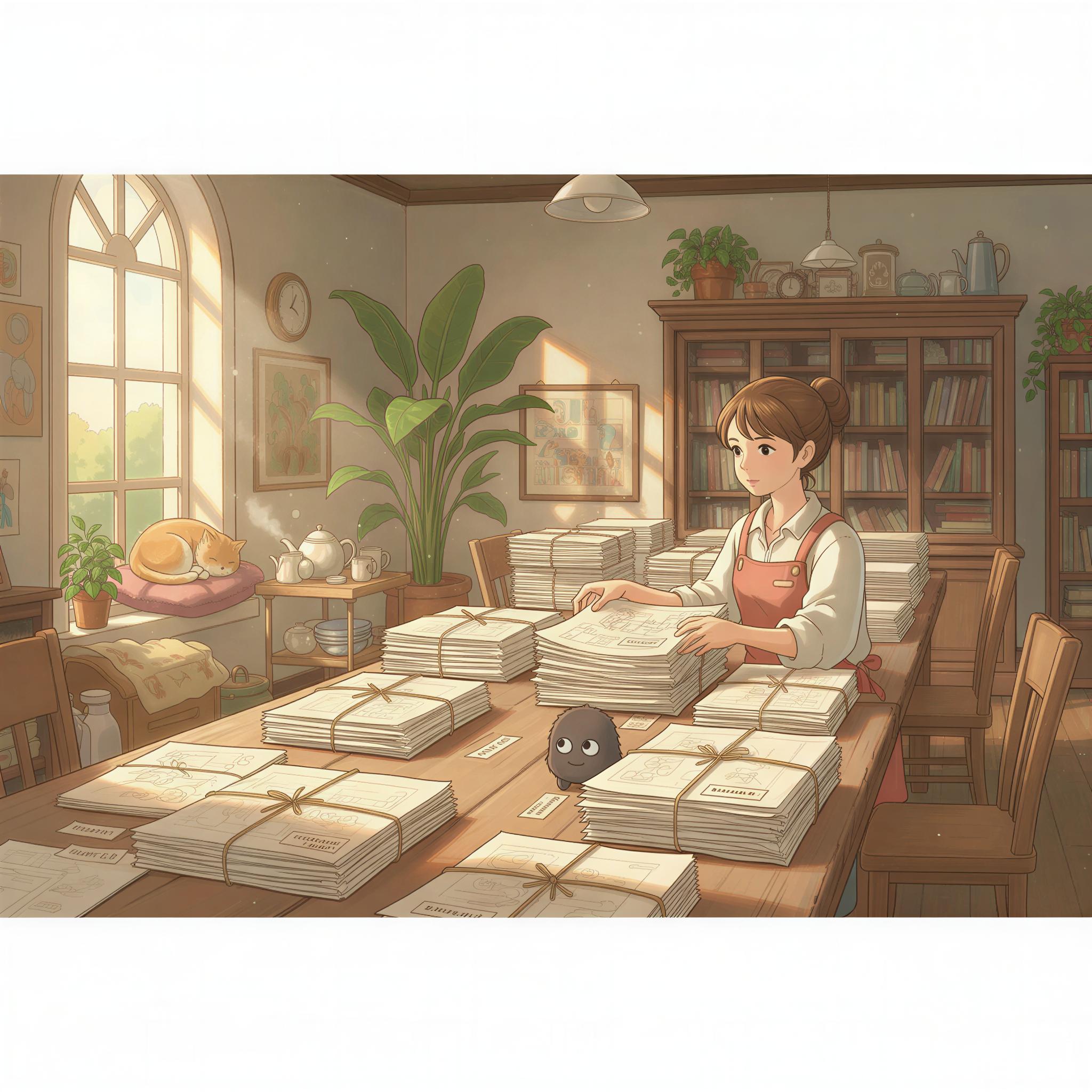 Ghibli-style image of a blogger efficiently organizing multiple stylized storyboards or documents on a large communal table.