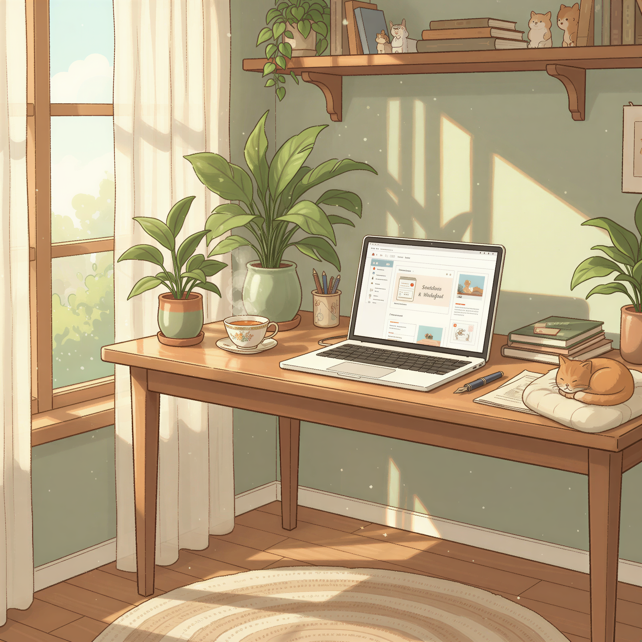 A serene Ghibli-style depiction of a blogger's tidy, cozy workspace with a laptop displaying WordPress and many flourishing indoor plants.