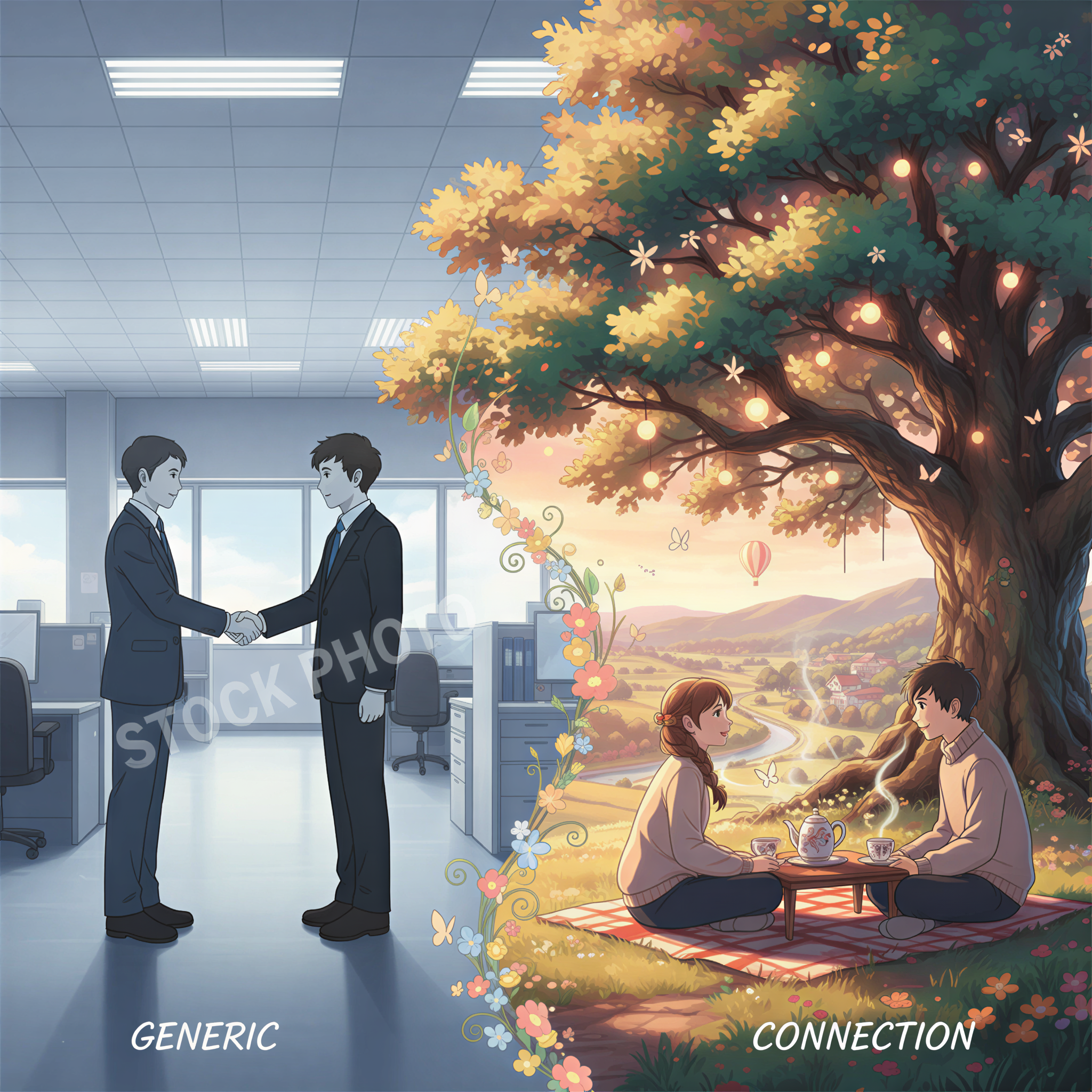 Side-by-side comparison illustration: a drab stock photo contrasting with a vibrant Ghibli-style scene symbolizing care and warmth.