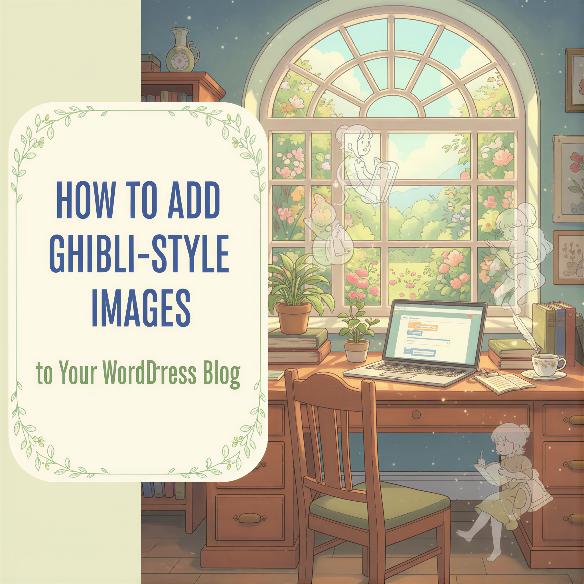 Enchanting Ghibli-style banner overlayed with the title 'How to Add Ghibli-Style Images to Your WordPress Blog' over a soft, dreamy landscape.