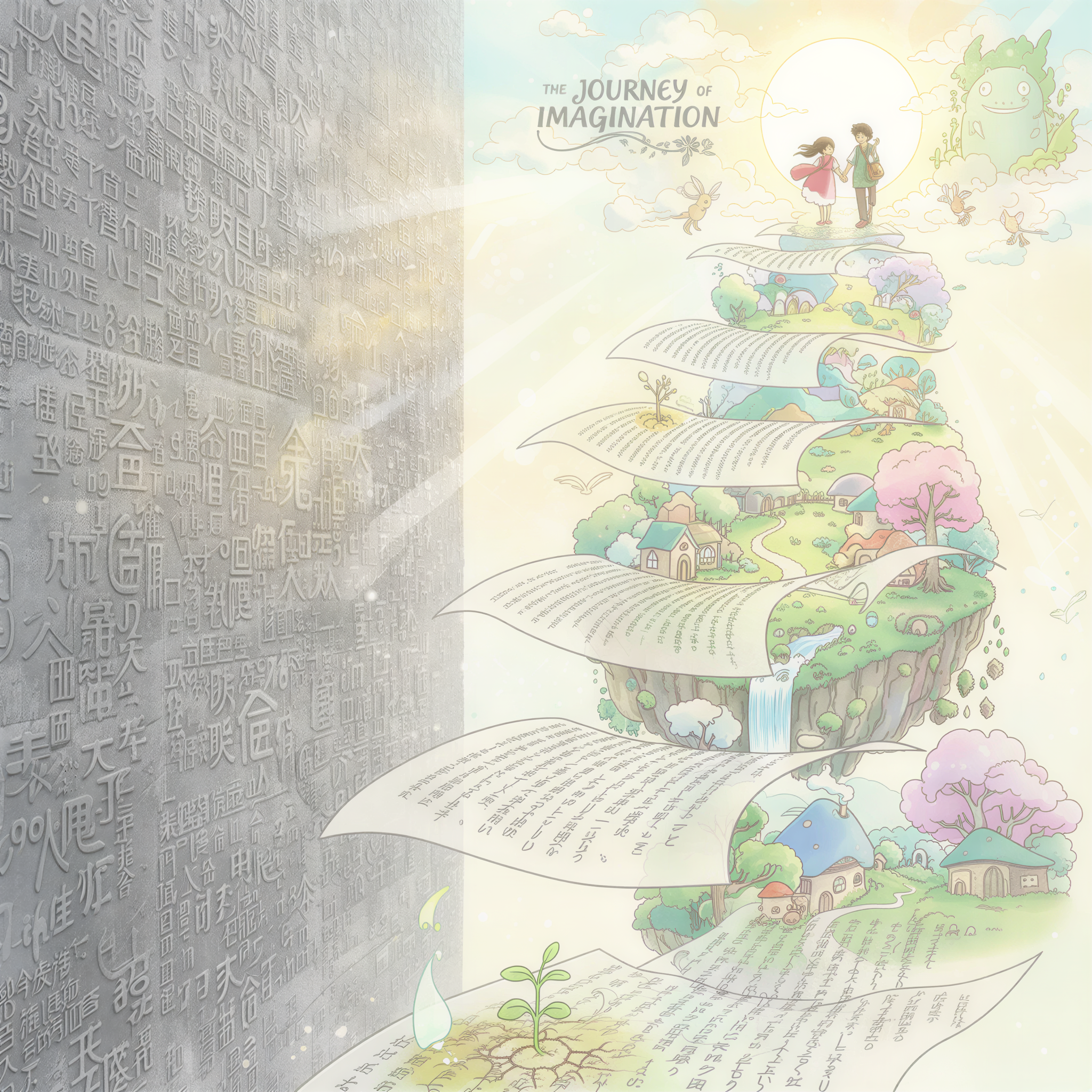 Ghibli-style illustration showing an unillustrated wall of text transforming into a beautiful, illustrated journey with visual markers.
