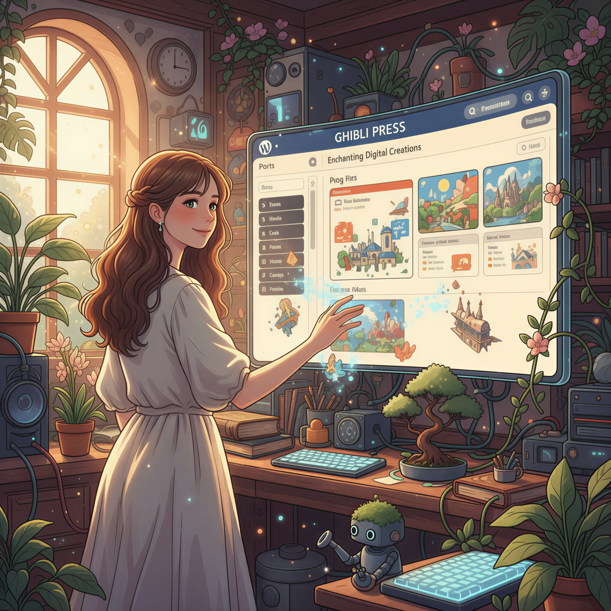 A warm, glowing illustration of a simplified WordPress dashboard showing a placeholder for a newly generated Ghibli image seamlessly integrated.