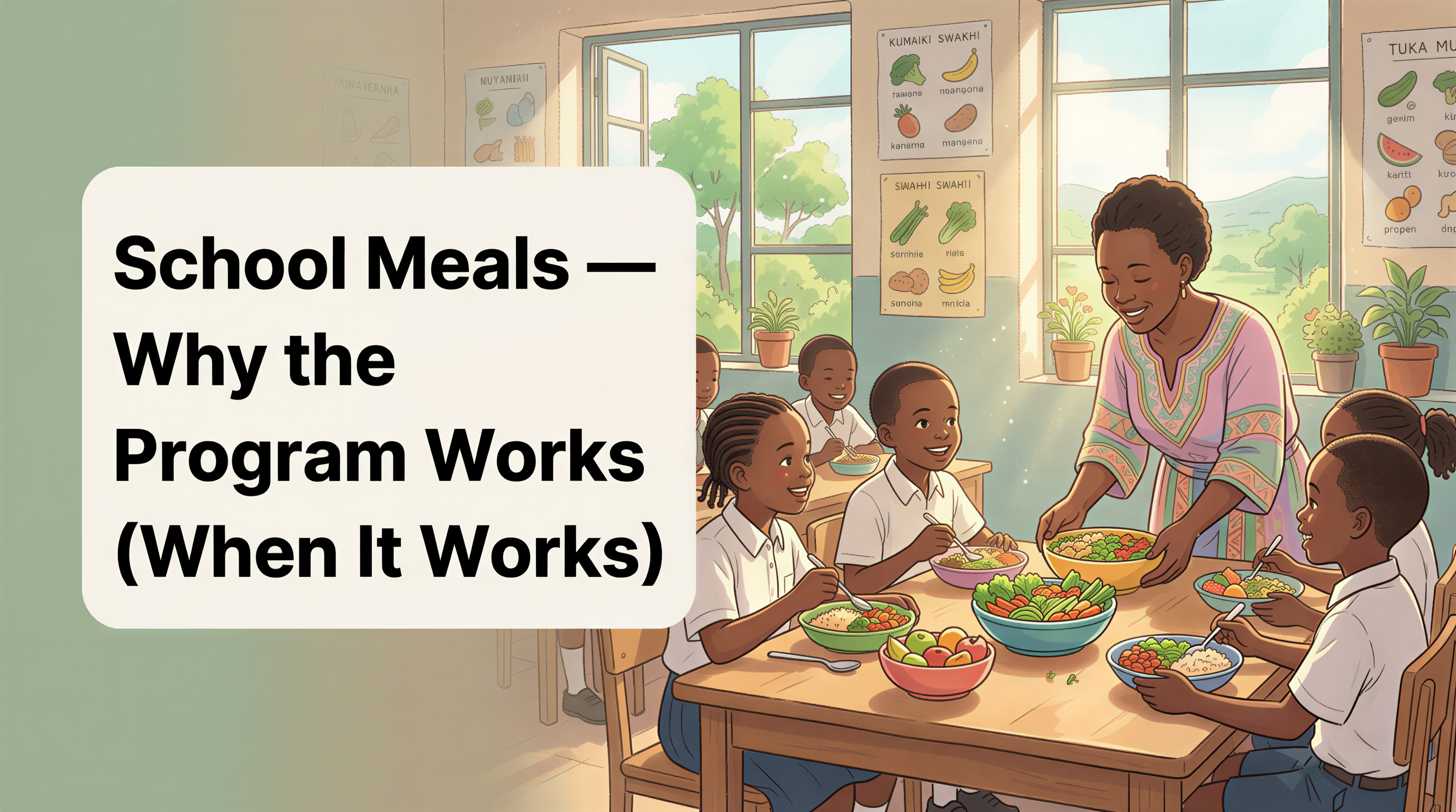 Explainer banner for School Meals program in Kenya showing education, nutrition, and social safety net themes