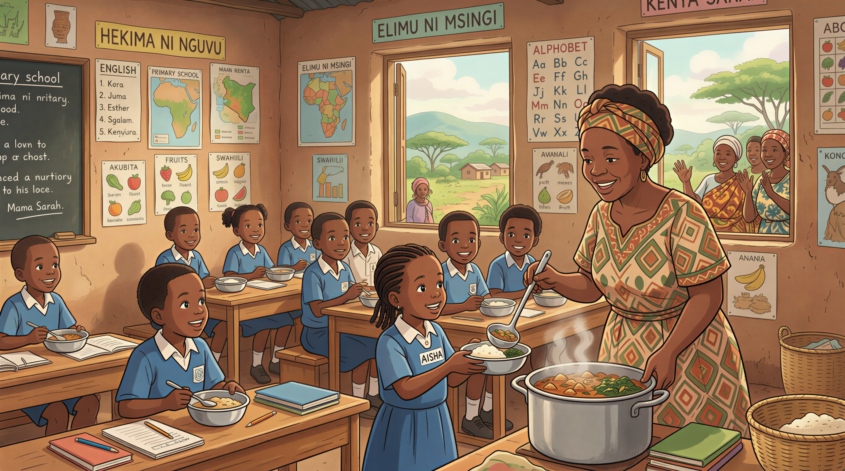 Teacher and students in a Kenyan classroom eating school meals to support education, nutrition, and social safety net
