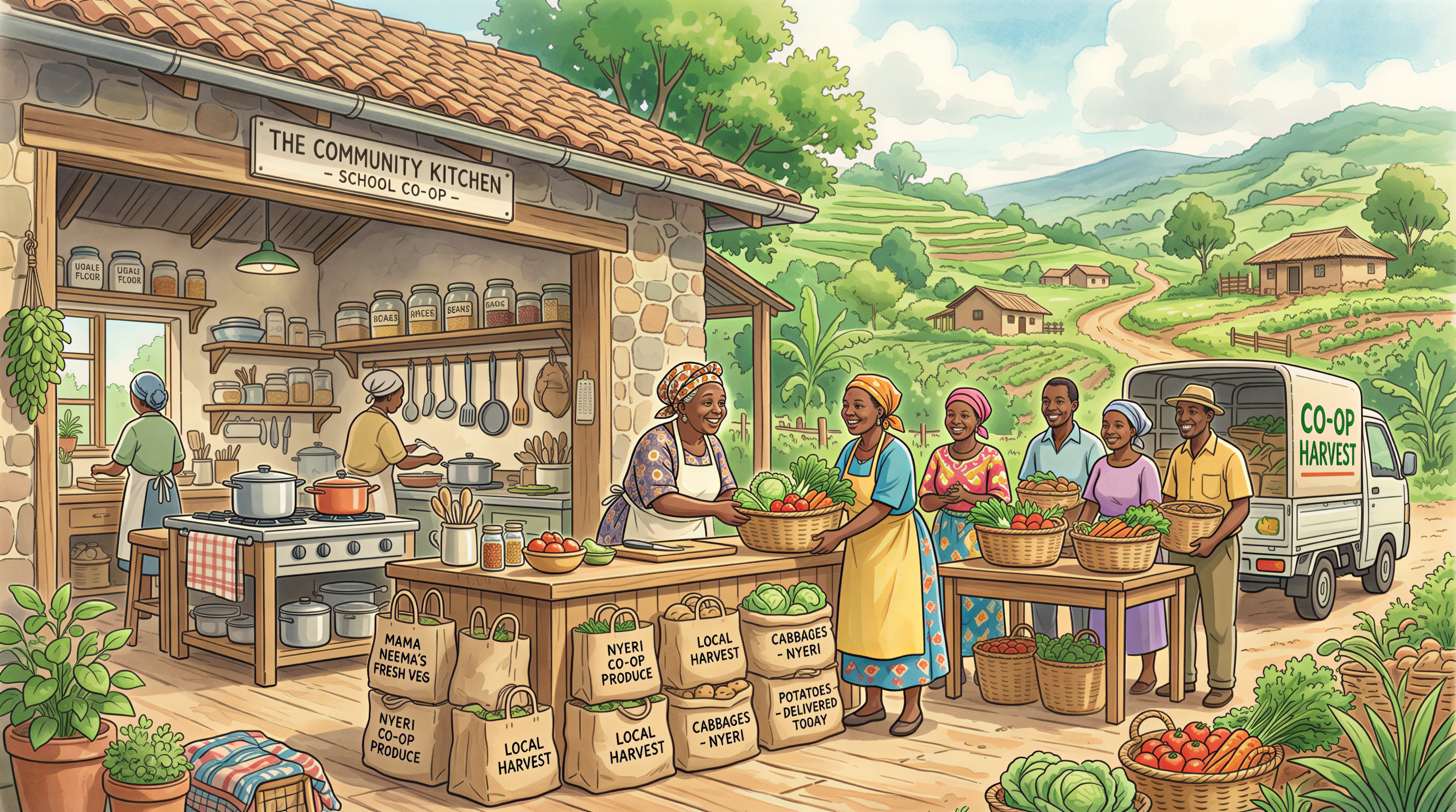 Local Kenyan school kitchen with farmers delivering fresh produce to support reliable school meals