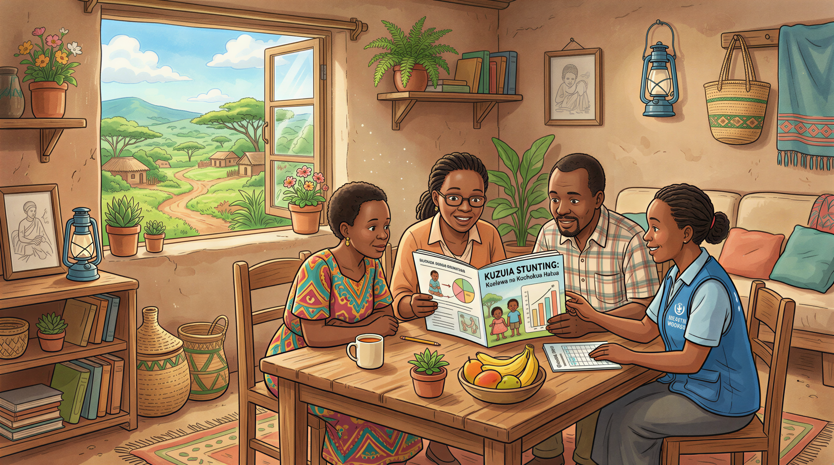 Diverse Kenyan readers in a cozy home engaging with stunting content