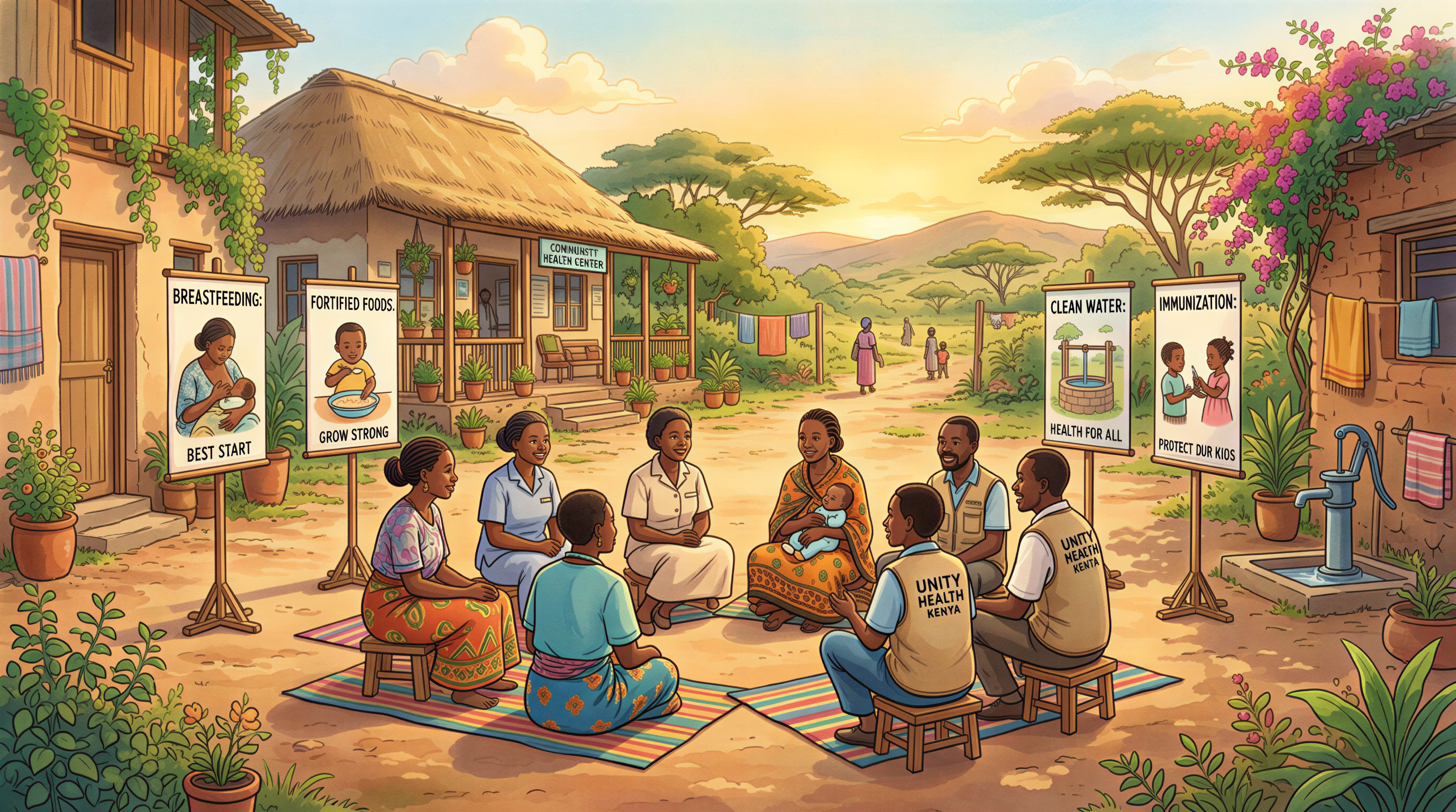 Kenya health workers and parents discuss program gaps in a sunlit clinic courtyard