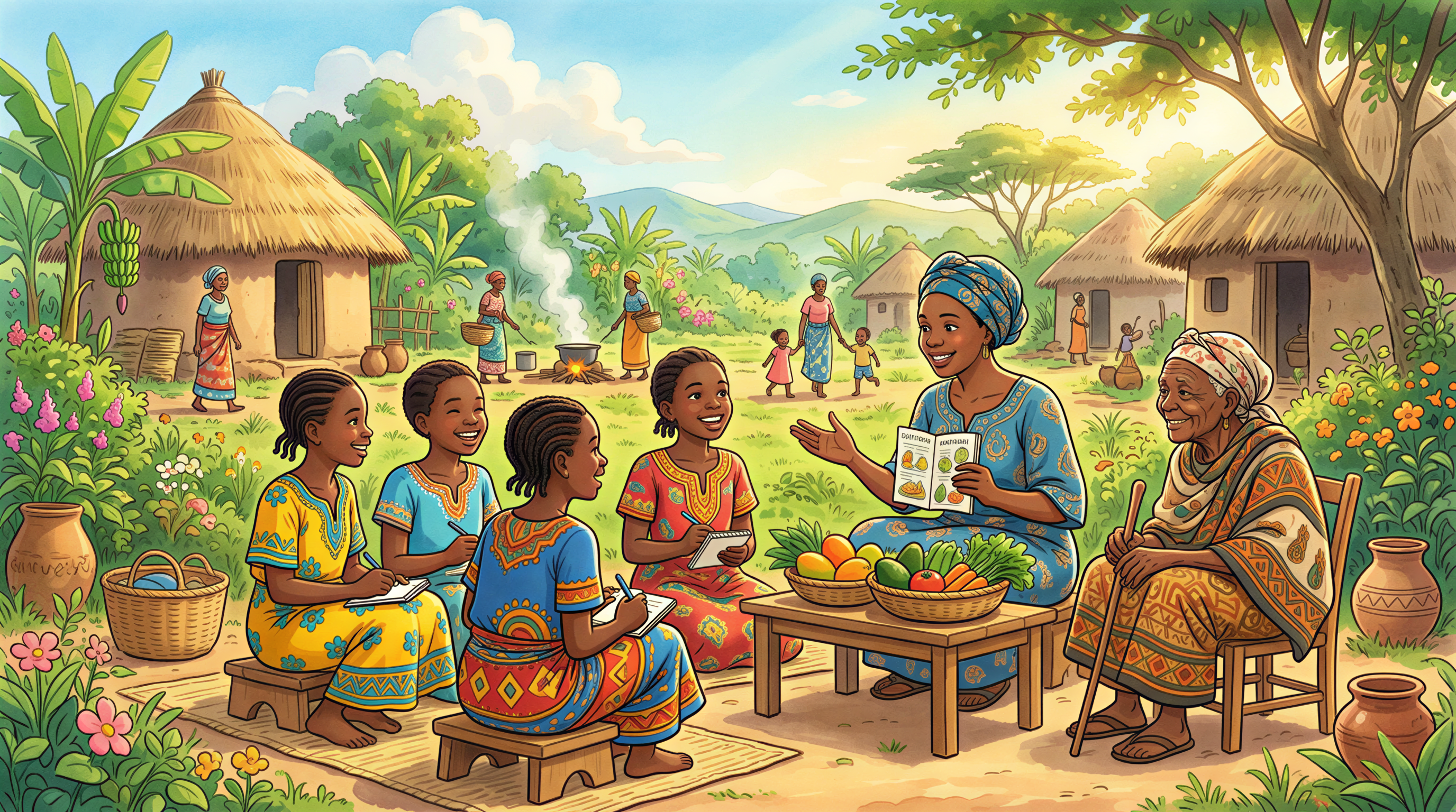 Group of adolescent girls with mentor in a bright East African village about nutrition funding