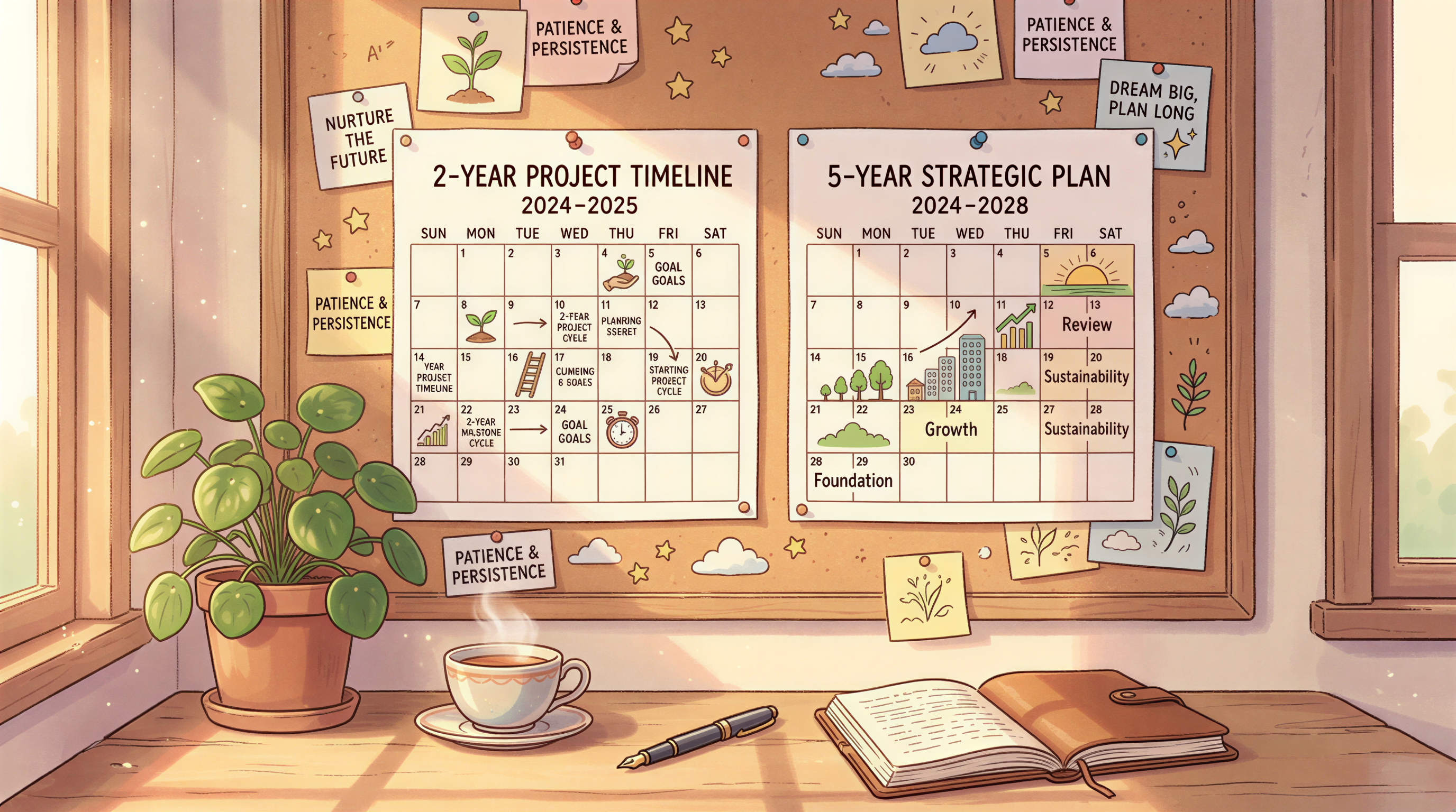 Calendar showing 2-year vs 5-year funding cycles in a cozy office