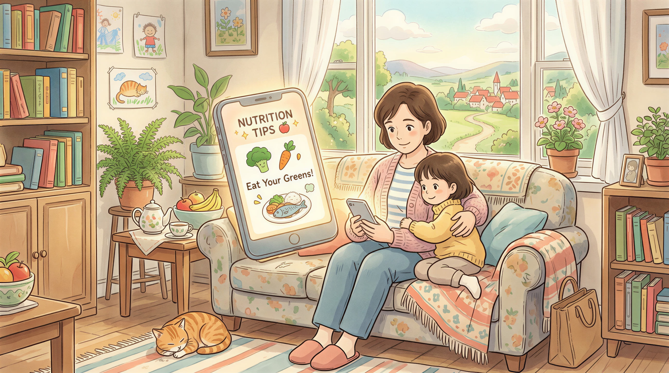 Mother reading nutrition SMS messages on a phone in a cozy living room