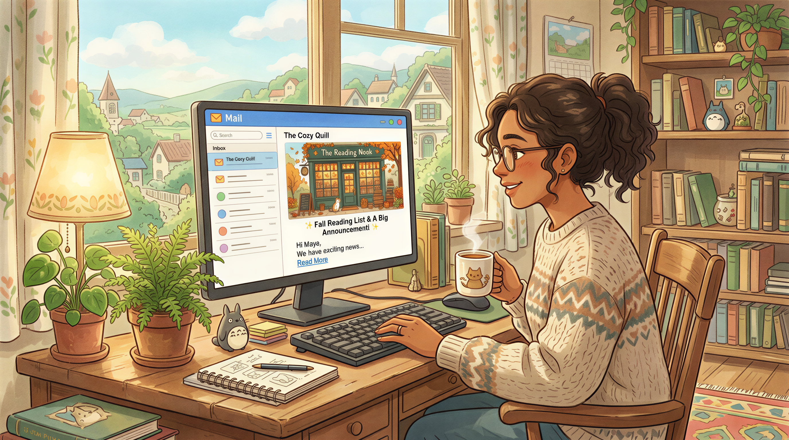 Inbox header image preview influencing open decisions in a cozy home workspace