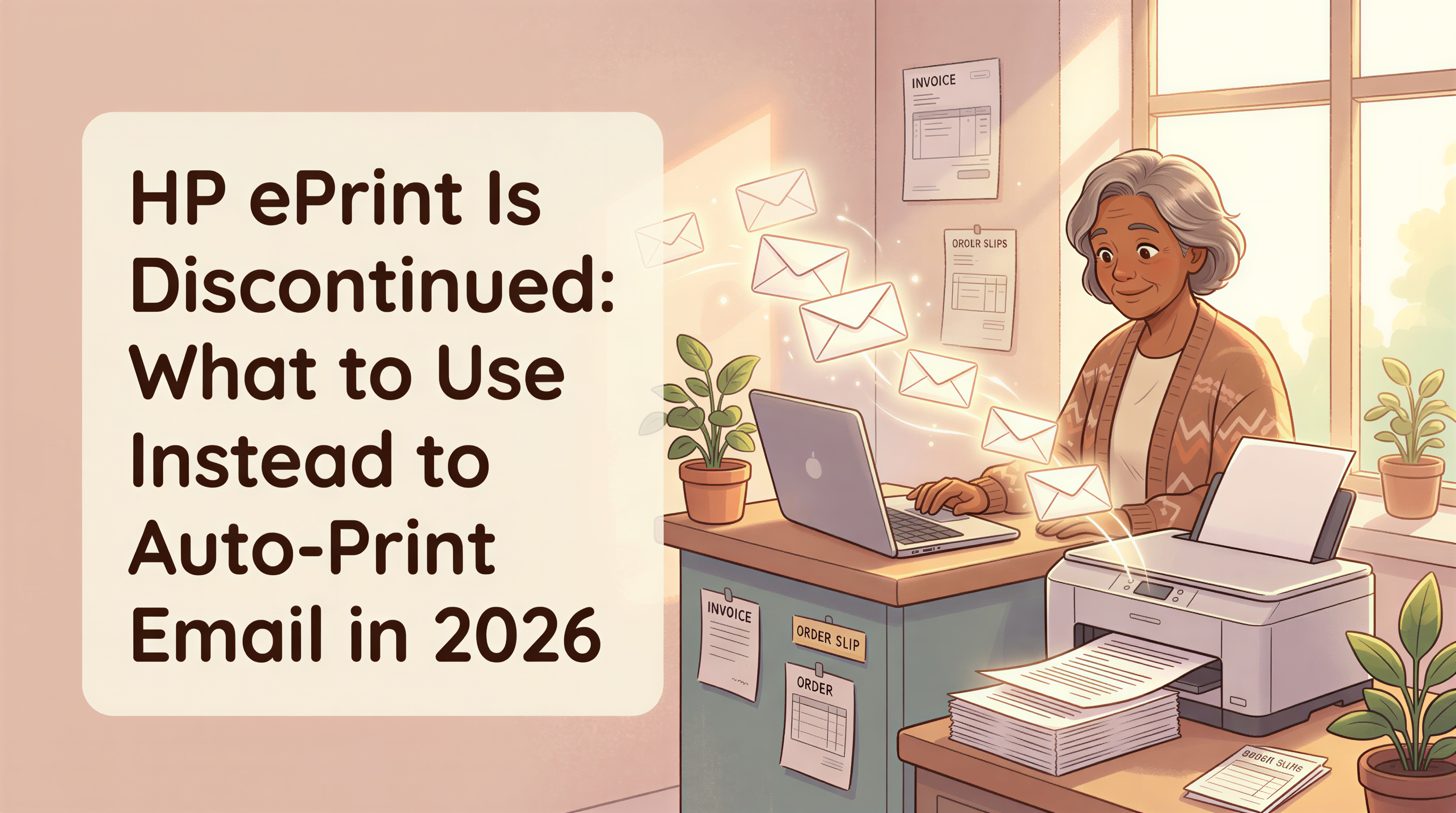 HP ePrint discontinued guide showing email-to-print replacement for auto-printing documents in 2026
