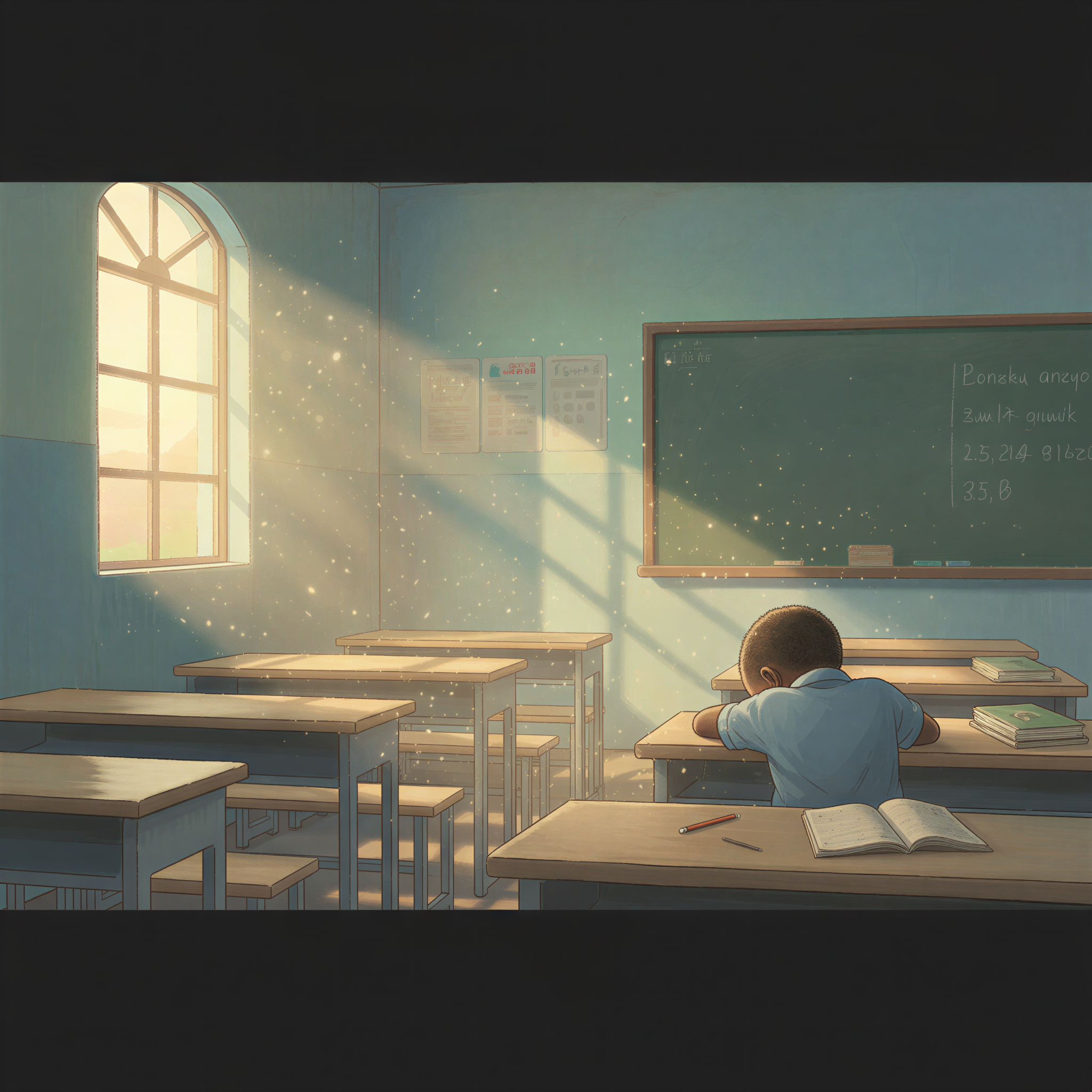 A young Kenyan primary school child looking extremely tired and sleepy at their desk in a rustic classroom, illustrating the impact of hunger on concentration.