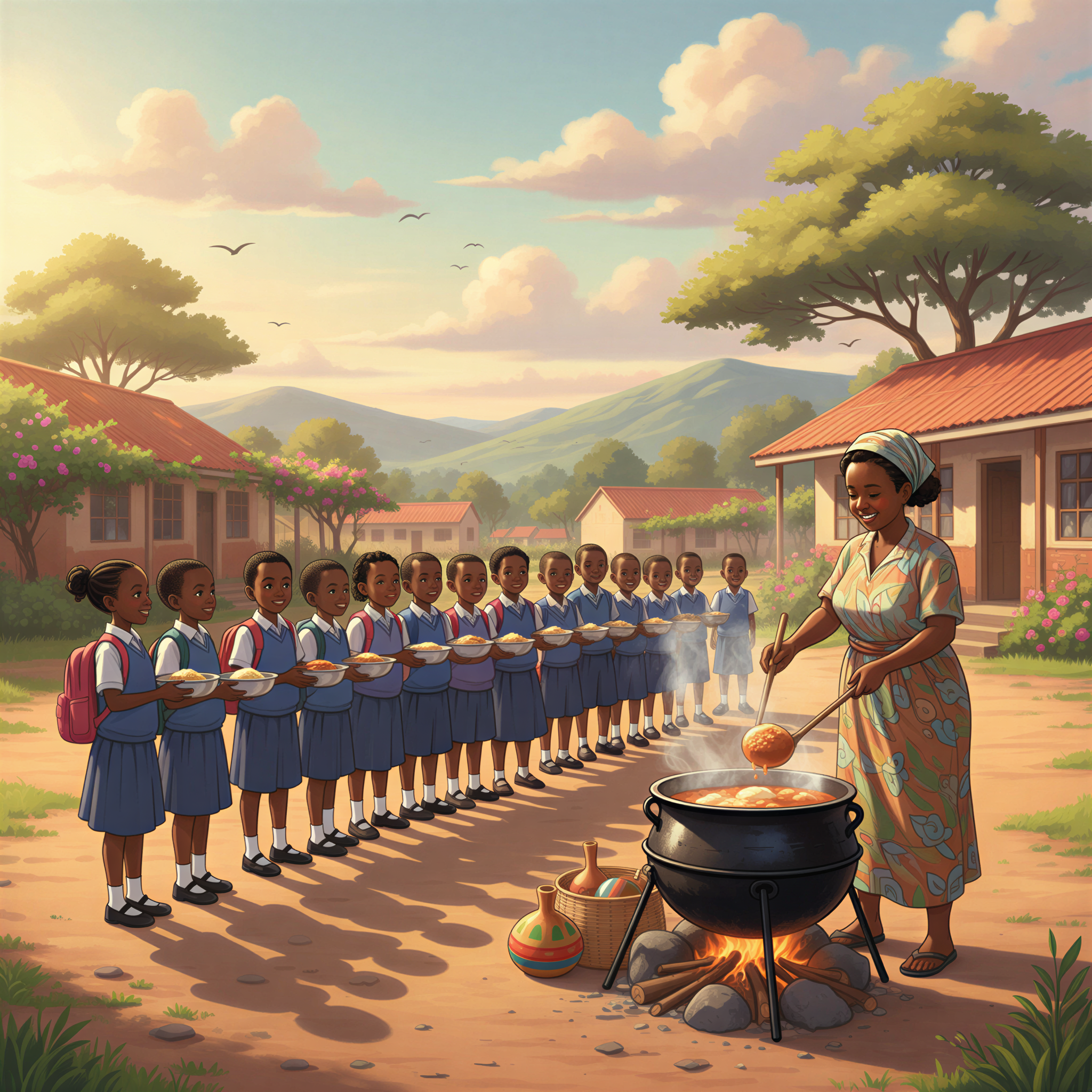 Happy Kenyan children eagerly lined up at a school feeding station to receive a warm meal from a large cooking pot, symbolizing improved attendance.