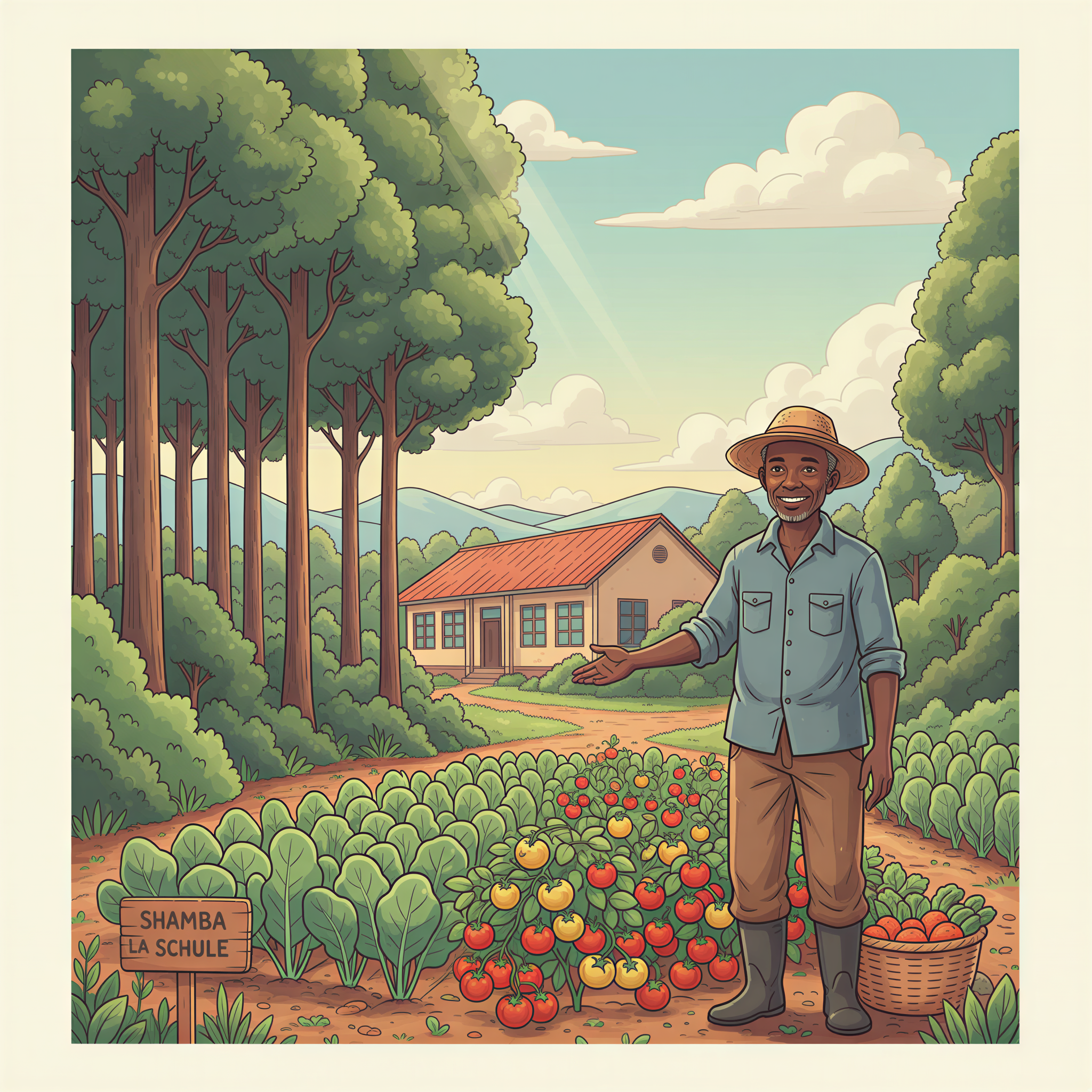 A smallholder Kenyan farmer proudly showing fresh vegetables grown for the school feeding program, emphasizing local economic support.