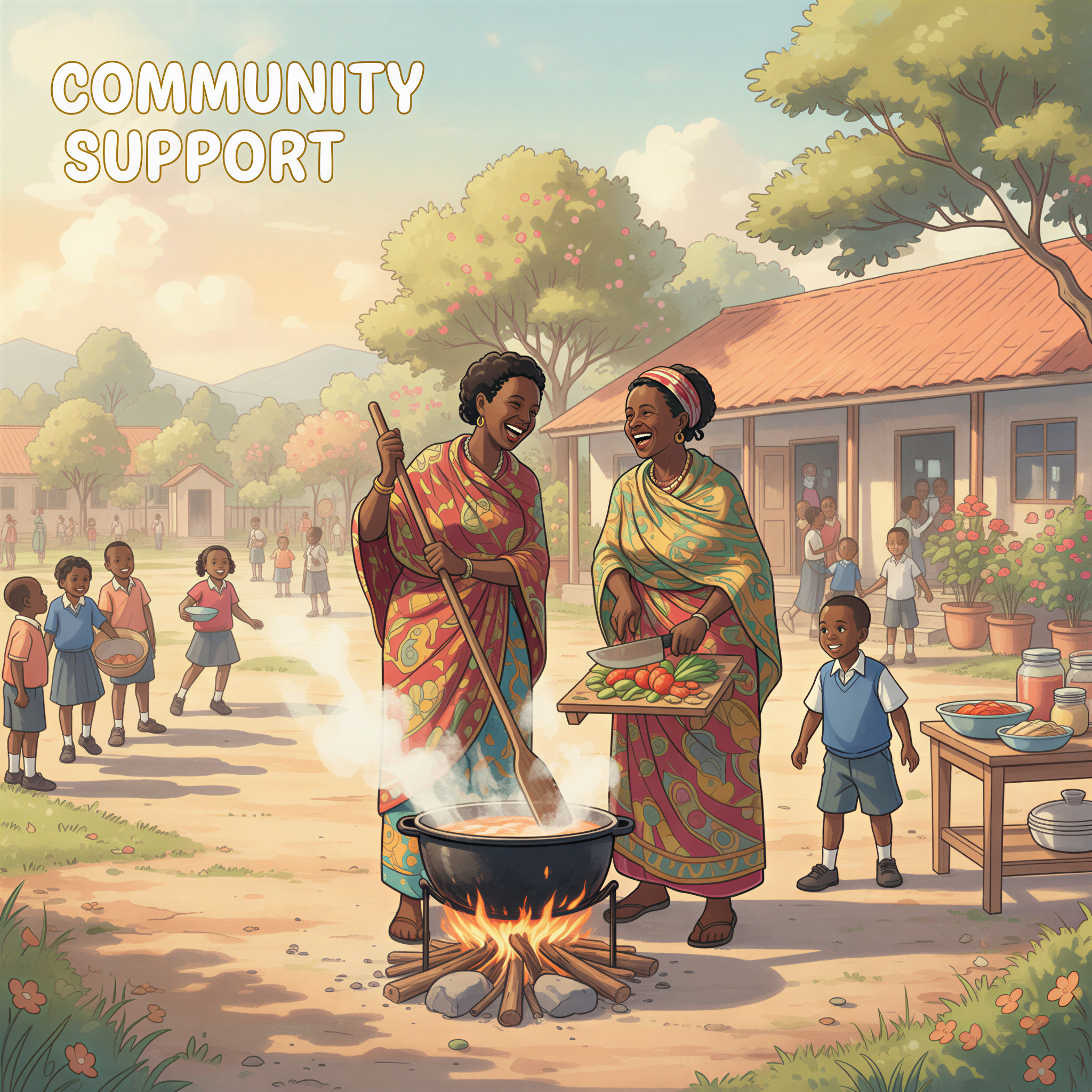 Two Kenyan mothers working together happily in an outdoor school kitchen, preparing food as part of a community rotation schedule.
