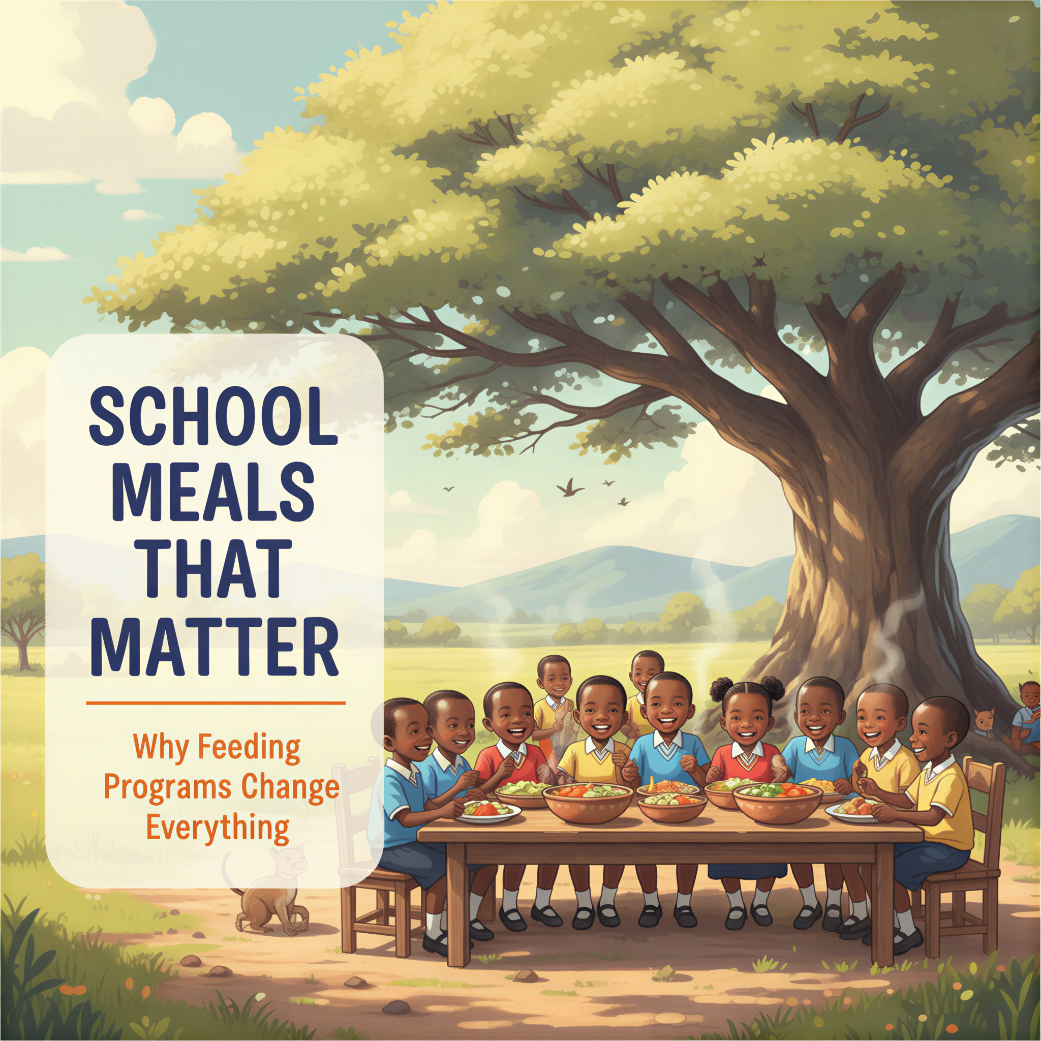 Studio Ghibli style illustration of Kenyan schoolchildren in uniform sharing a cheerful meal under a large acacia tree, text overlay highlights the importance of school feeding programs.