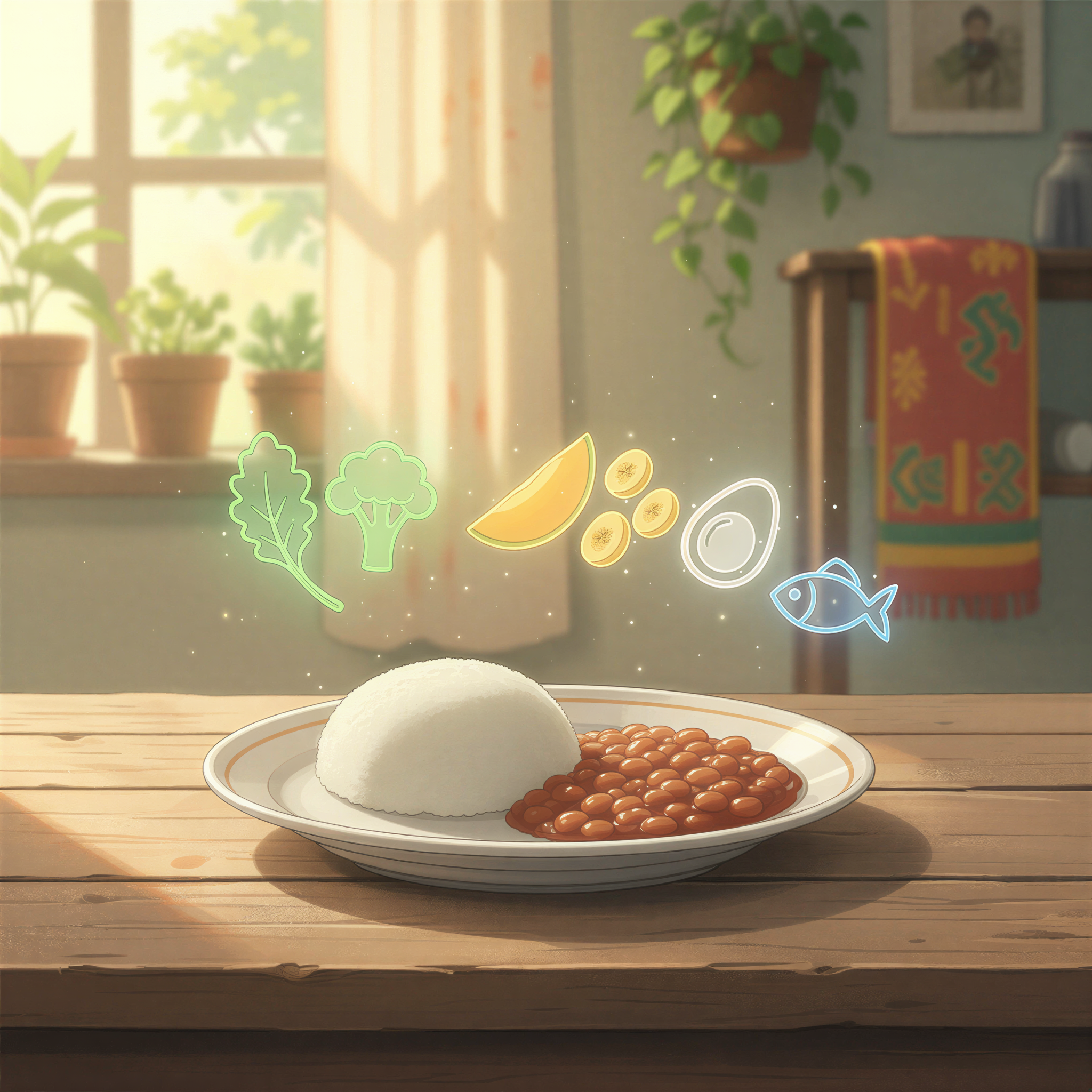A visual metaphor of a plate with ugali and beans, with a transparent overlay showing essential missing vitamins like green vegetables and iron symbols.