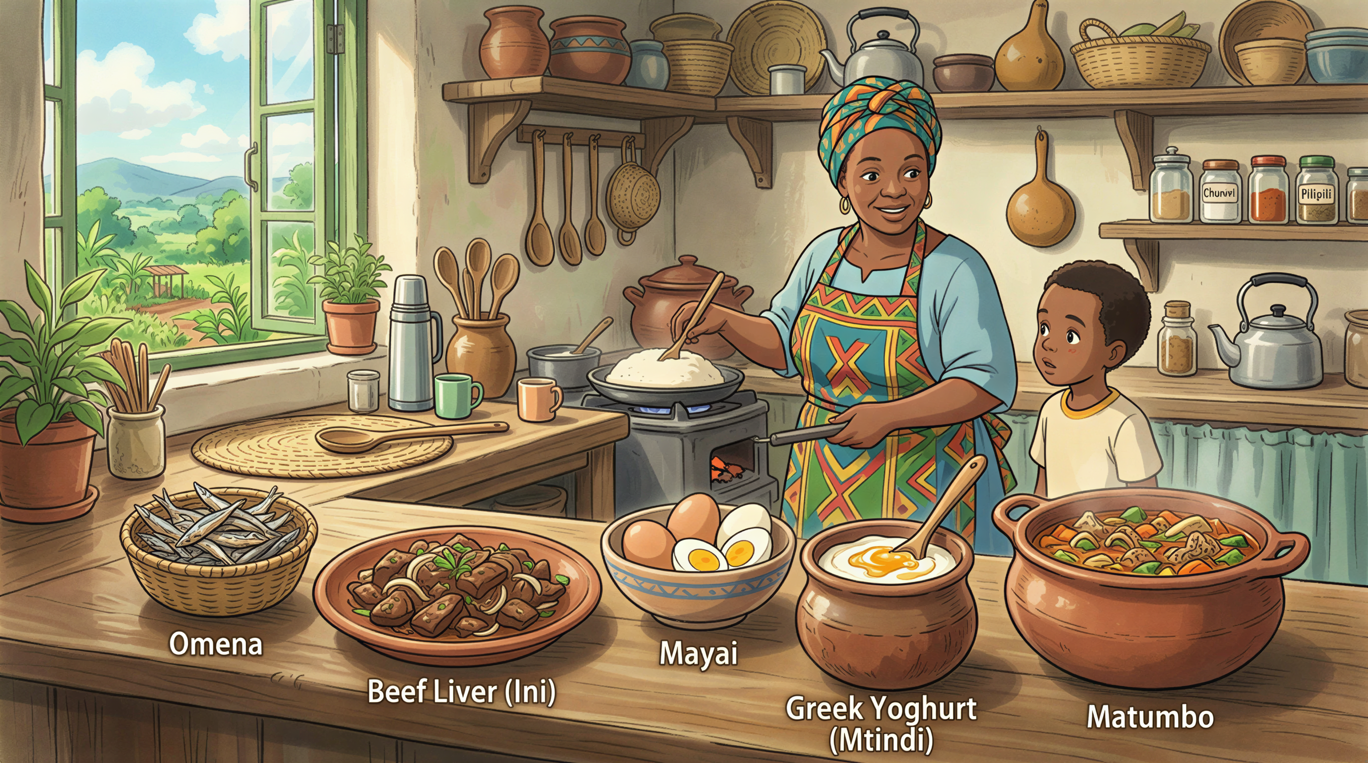 Five Kenyan protein foods highlighted: omena, beef liver, eggs, yogurt, matumbo
