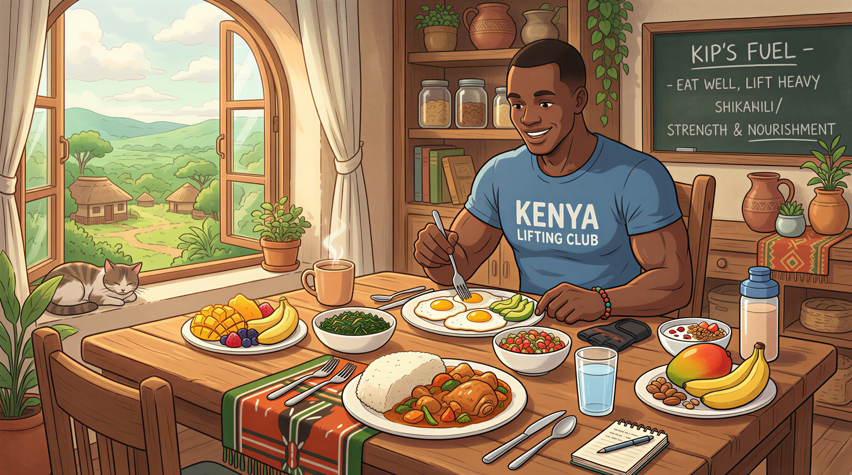 Kenyan lifter’s daily meals laid out on a table