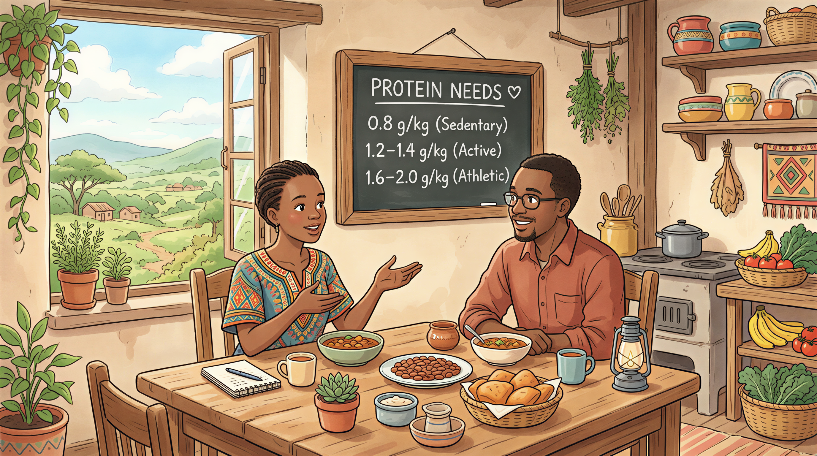 Kenyan gym-goer calculating protein needs at kitchen table