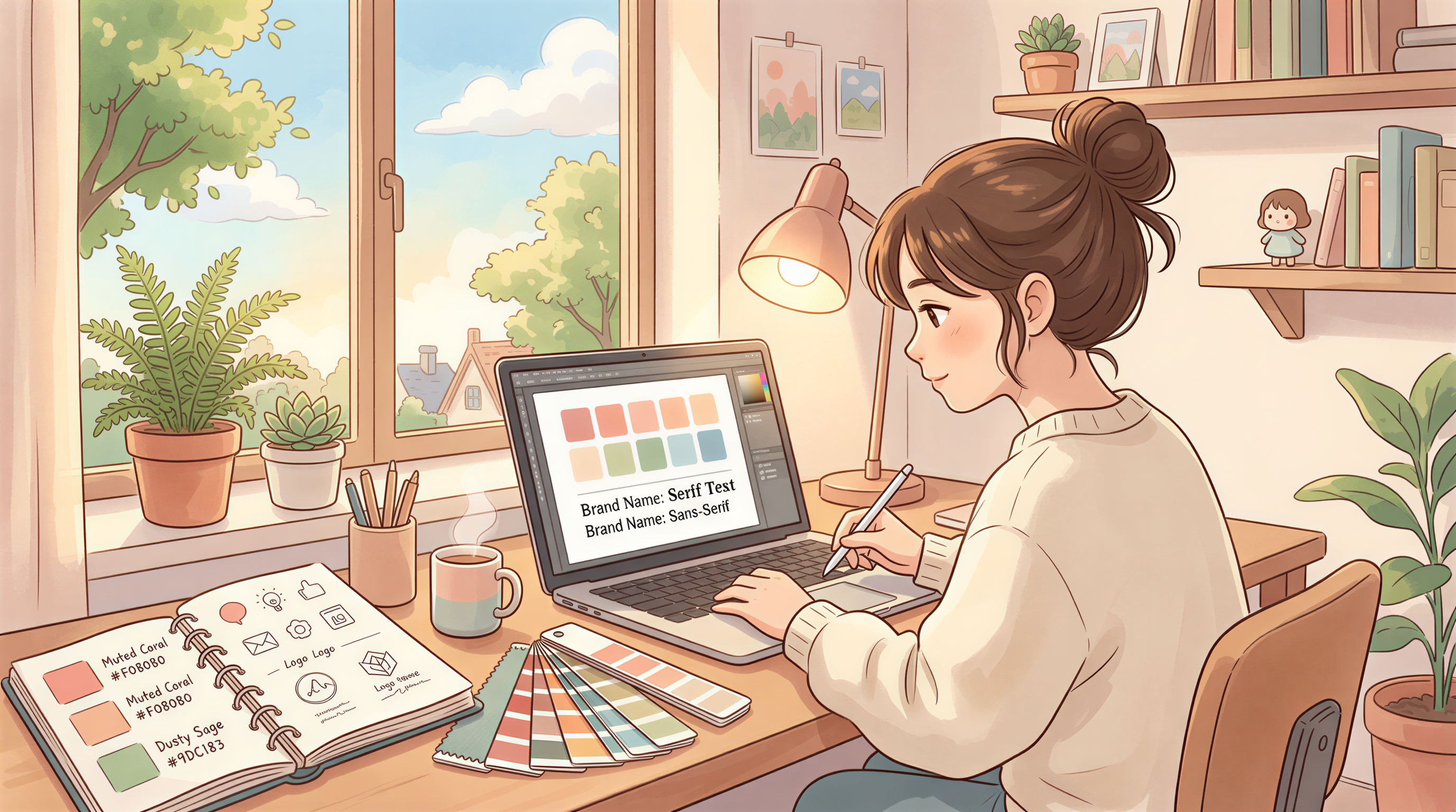 Studio Ghibli-inspired indie hacker branding scene showing a founder aligning brand colors, fonts, and imagery for consistency across channels