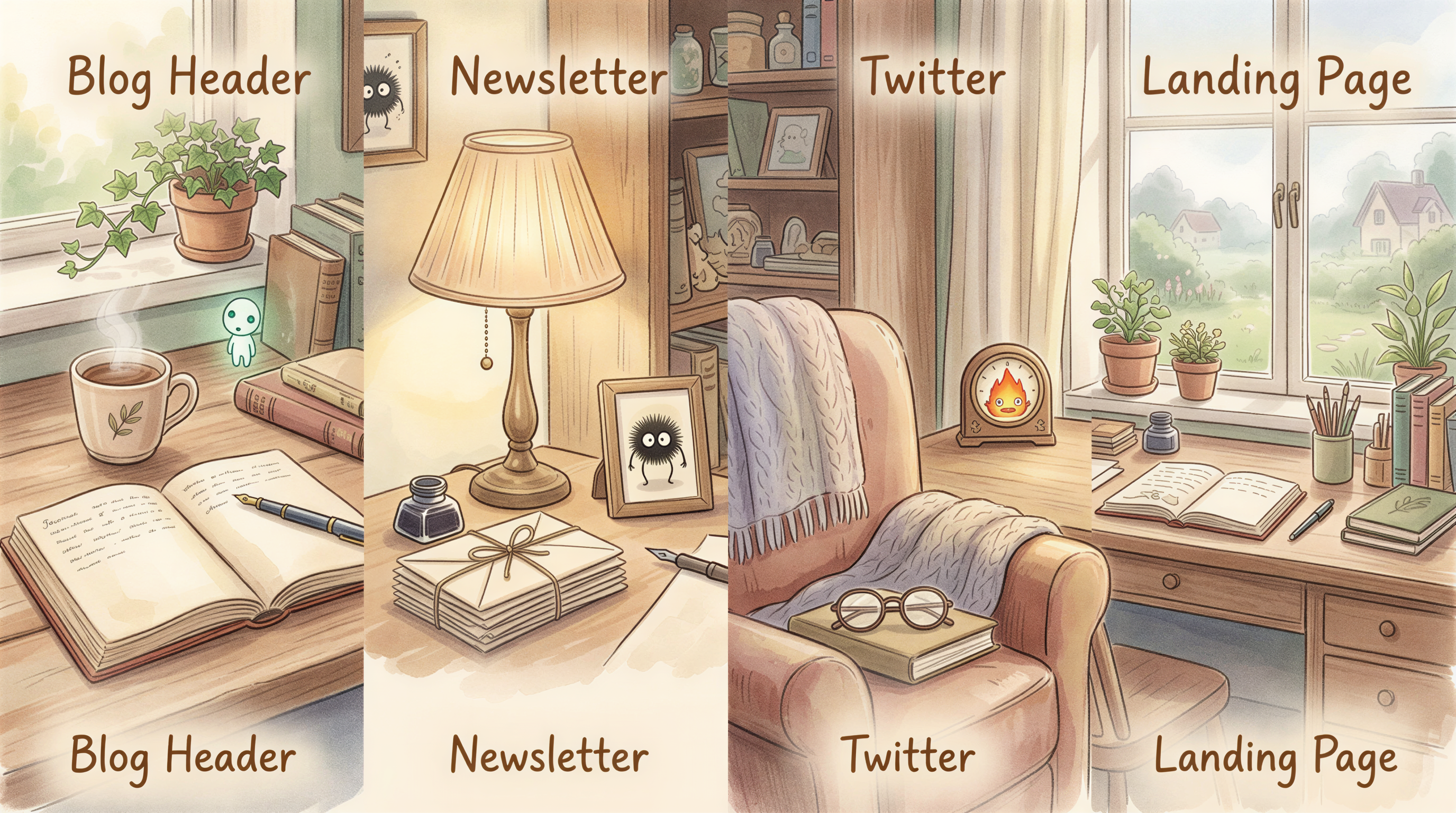 Cross-channel branding collage showing the blog header, newsletter header, Twitter/X header, and landing page hero with a unified Studio Ghibli-inspired style