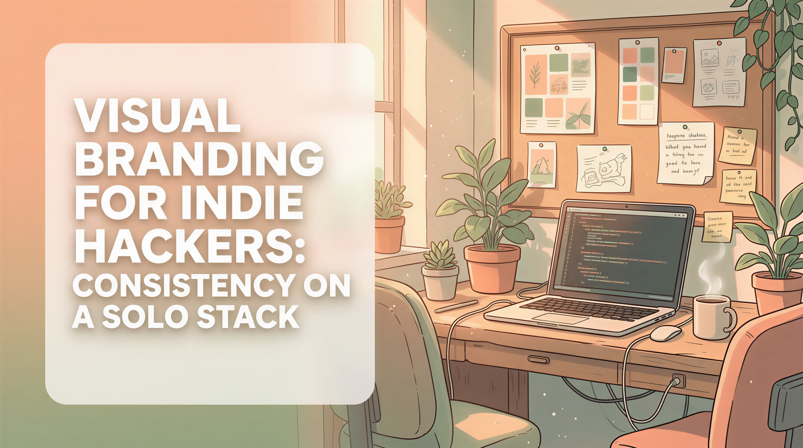 Studio Ghibli-inspired banner showing a cozy indie hacker workspace with a laptop, mood boards, and color swatches illustrating branding consistency.