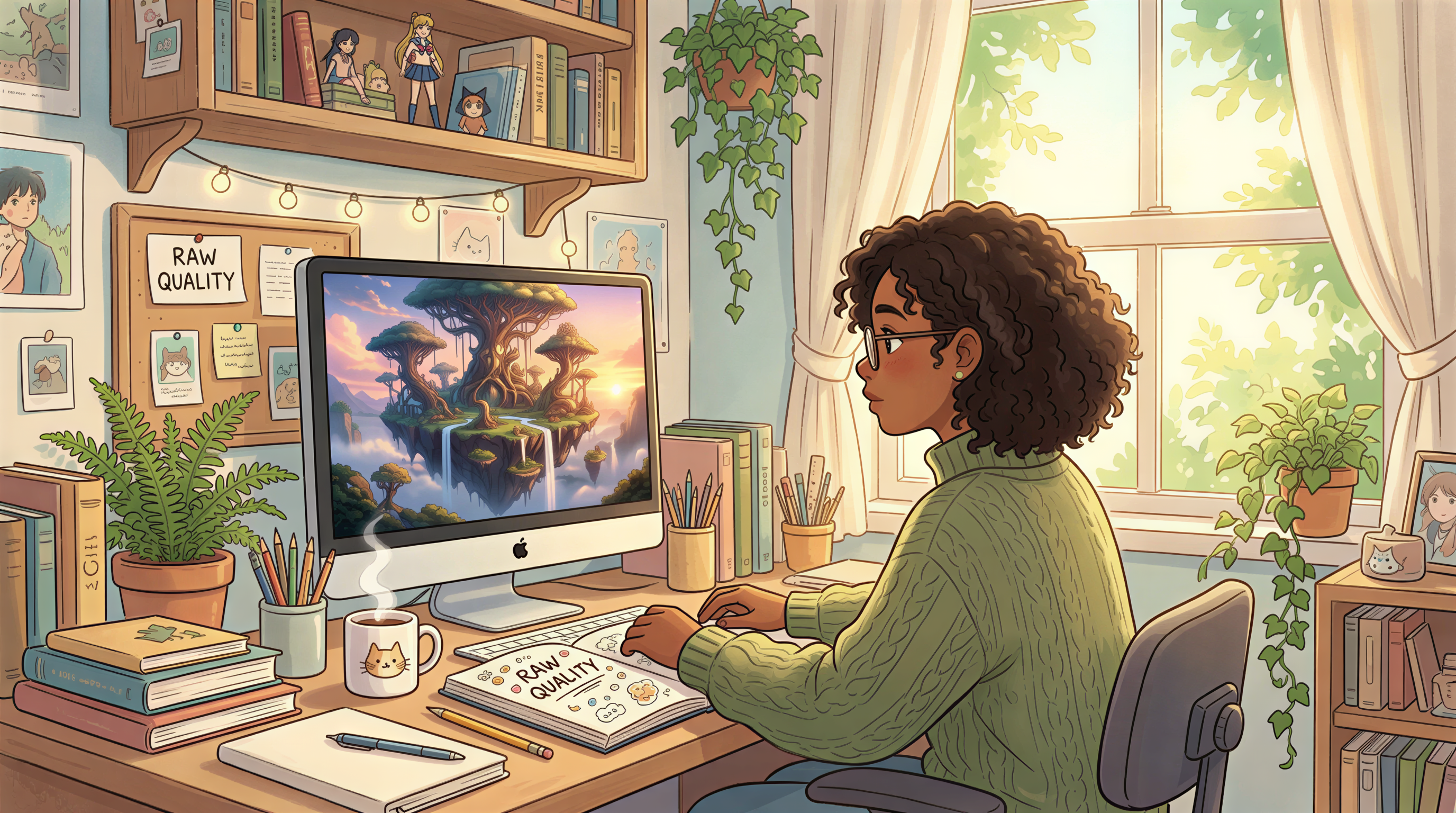 Studio Ghibli-inspired workstation with high-quality AI art on screen, raw quality emphasis