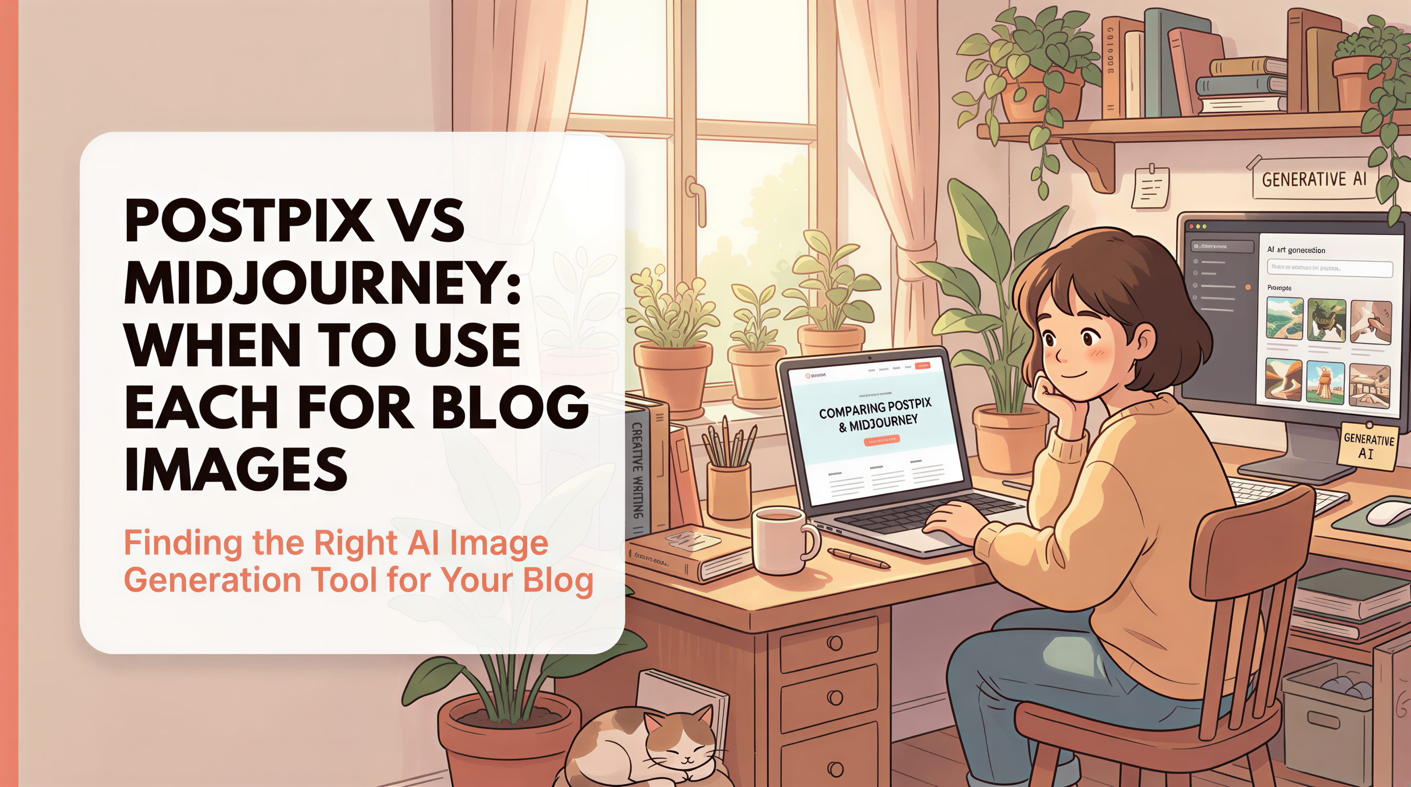 Comparison banner for Postpix vs Midjourney on blog headers, with cozy Studio Ghibli vibe