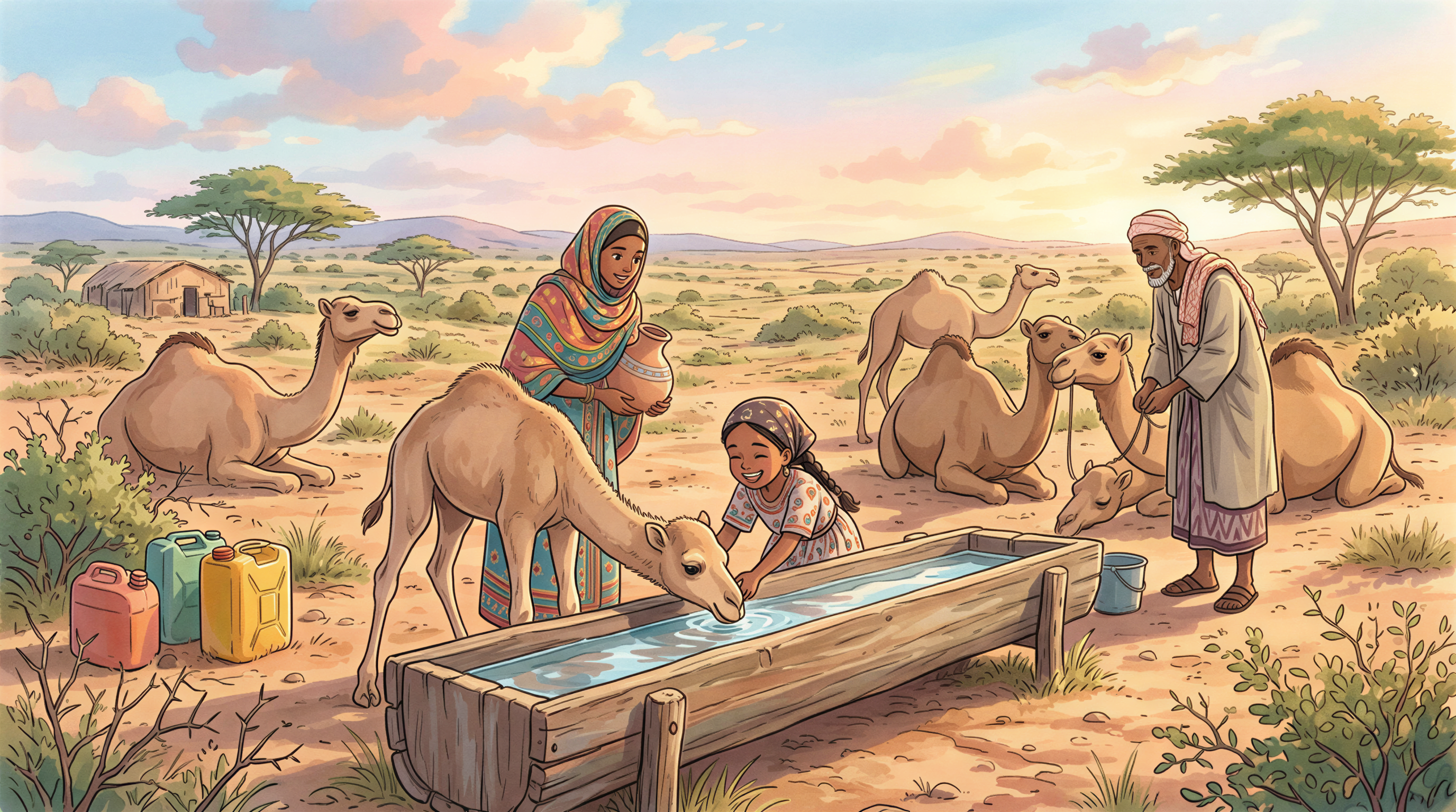 Pastoralist family with camels in northern Kenya under soft sunlight