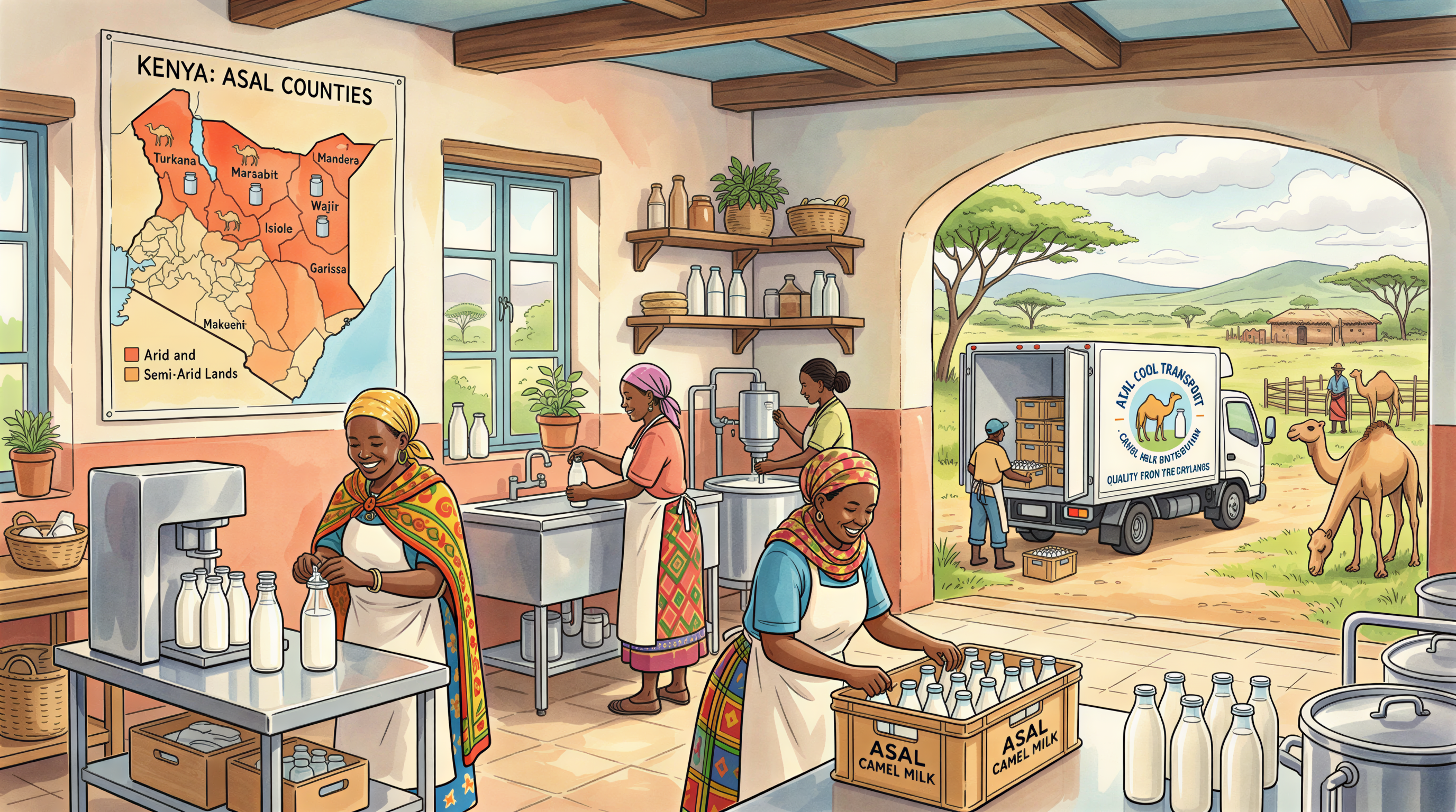 Cold chain and processing challenges depicted in a friendly Studio Ghibli style
