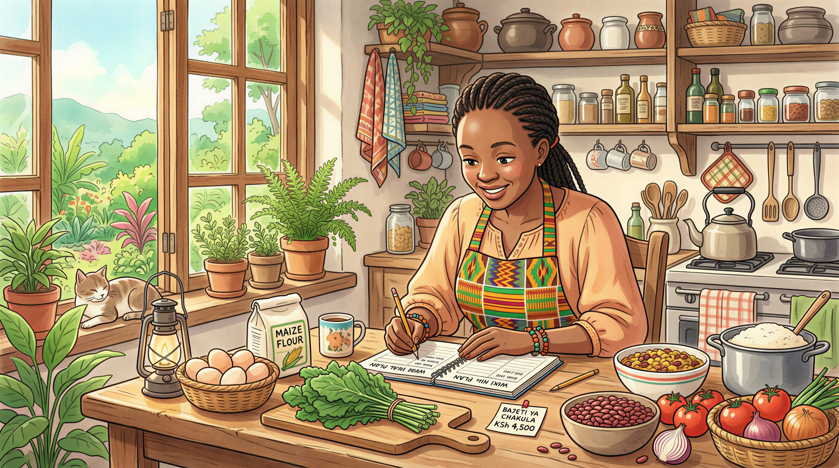 Kenyan nutritionist planning weekly meals with budget in a Kenyan kitchen
