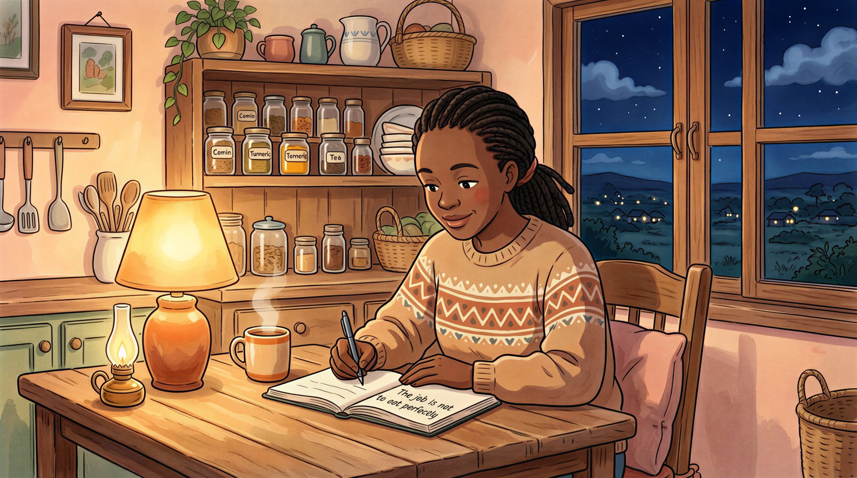 Reflective kitchen scene with nutritionist writing advice for younger self