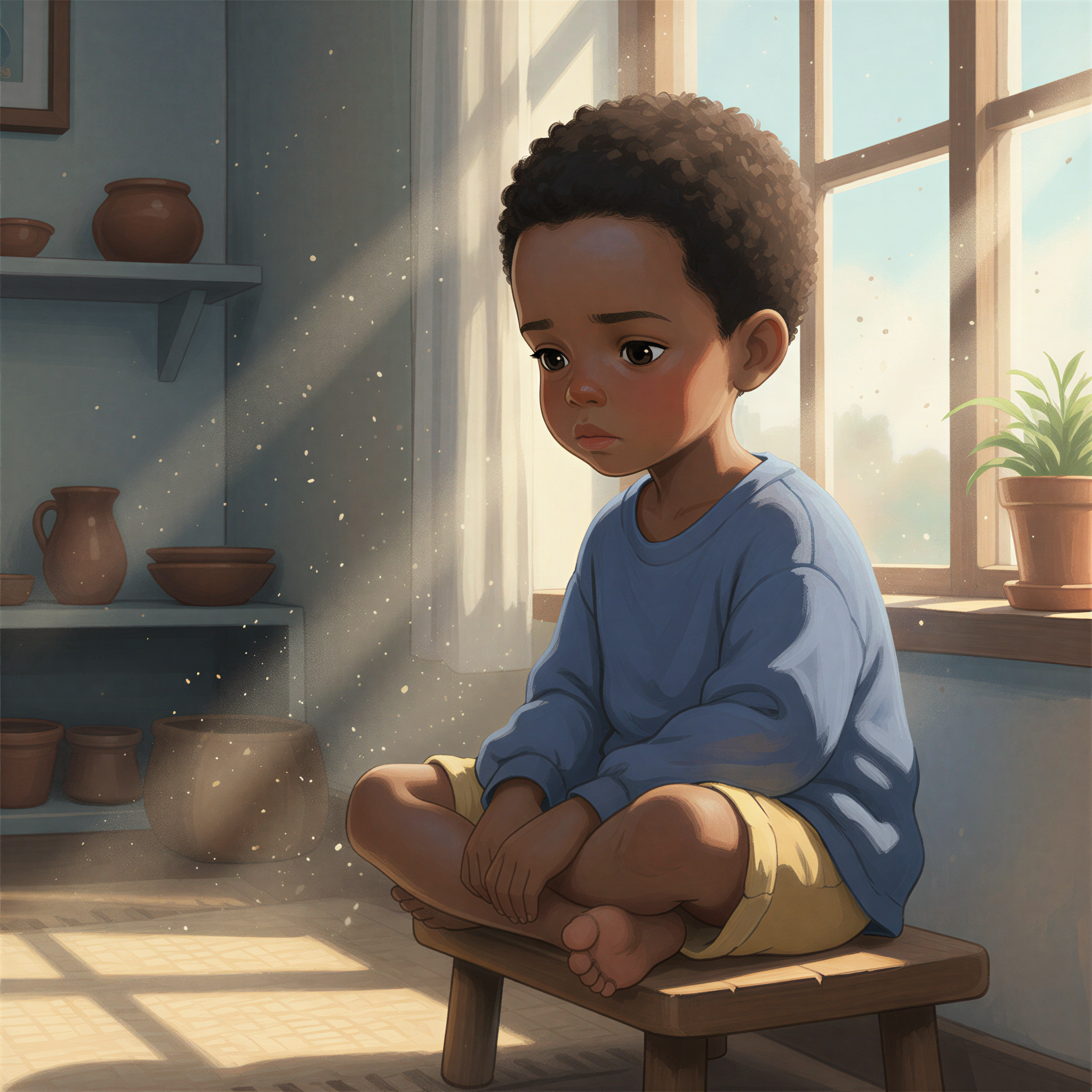 Studio Ghibli aesthetic. Close-up of a young Kenyan child (around 4 years old) sitting quietly near a window, soft sunlight illuminates dust motes, but the child's expression is thoughtful and slightly subdued, not overtly sick. The background hints at a simple, clean home environment. Color palette emphasizes soft blues and muted yellows to convey subtlety and hidden struggle. Mood: Quiet contemplation and underlying vulnerability.