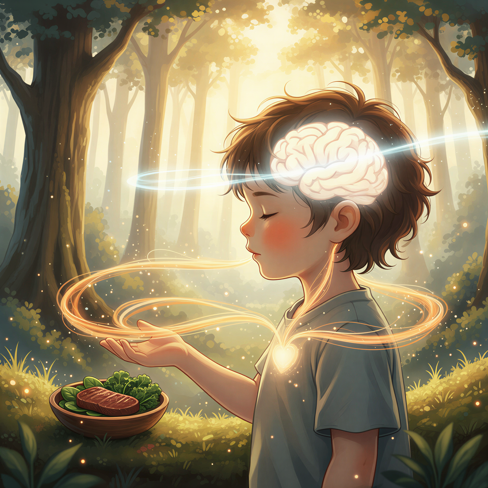 Studio Ghibli aesthetic visualization. Focus on a young child's profile where the brain area emits a soft, bright light, symbolizing clear oxygen flow and cognitive function. Swirling, gentle lines of light (representing oxygen/energy) move from the heart towards the brain. Incorporate subtle elements of iron sources like a single piece of cooked beef or dark greens nearby. Warm amber and soft white lighting dominate.