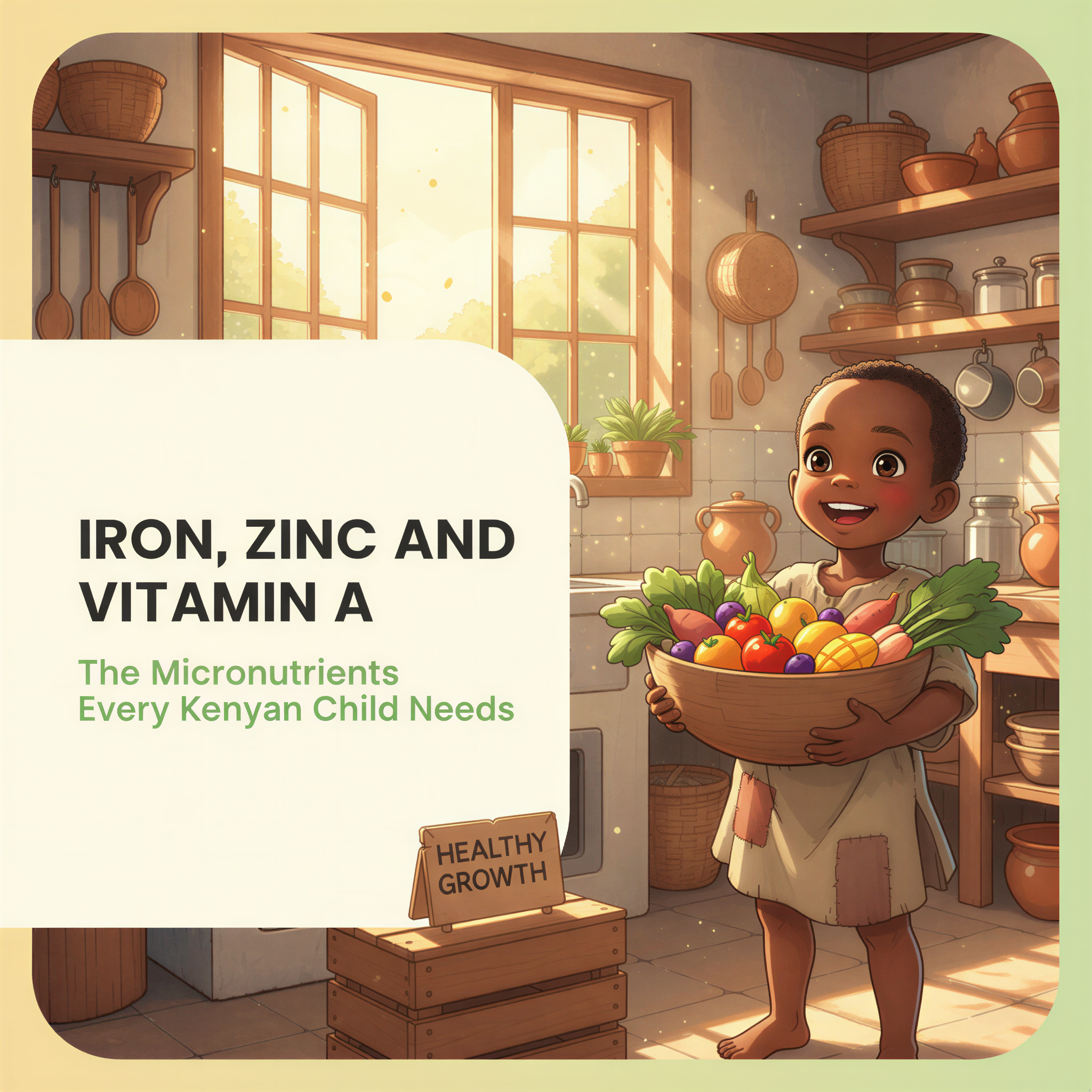 Studio Ghibli style image of a vibrant, healthy Kenyan child smiling in a sunny kitchen, text overlay reads: Iron, Zinc, and Vitamin A: The Micronutrients Every Kenyan Child Needs.