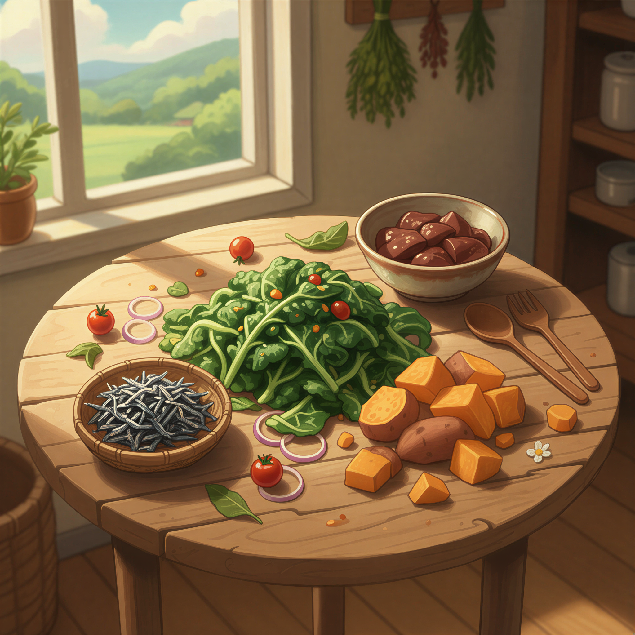 Studio Ghibli aesthetic. A detailed, overhead still life arrangement (tableau) of key Kenyan micronutrient foods placed on a simple, hand-carved wooden surface. Include dark green sukuma wiki, bright orange sweet potato chunks, dark dried omena, and a small portion of cooked liver. Lighting should be bright but diffused, emphasizing the natural texture and color of the food. Warm, earthy color palette.