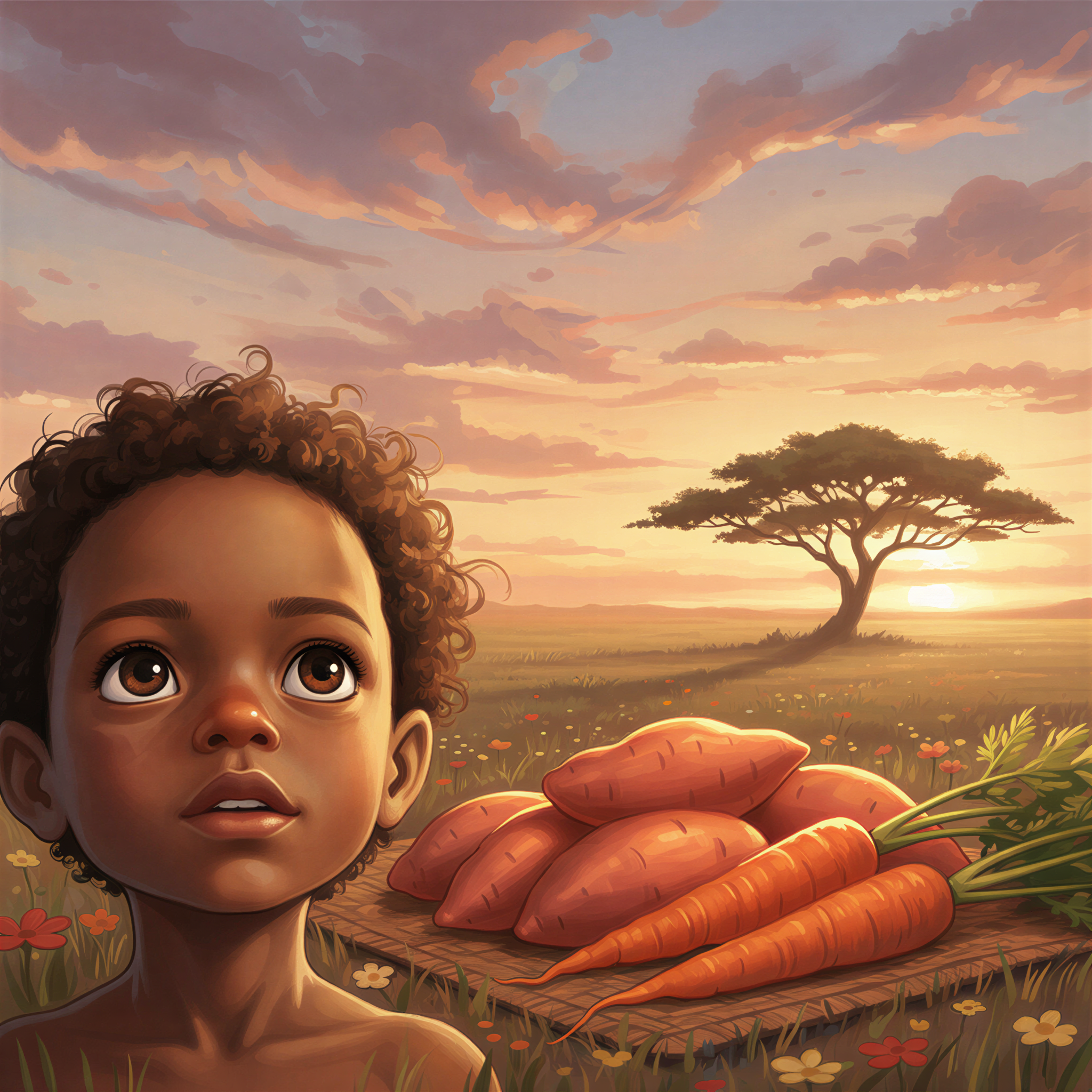 Studio Ghibli aesthetic. Focus on a child's face illuminated by the warm glow of a late afternoon sun setting over the Kenyan landscape (subtle acacia tree silhouette). The child is looking upward with clear, wide eyes. Prominent visual cues: vibrant orange sweet potatoes and carrots arranged nearby. Use deep oranges, soft pinks, and warm purples in the sky. Mood: Clarity and defense.