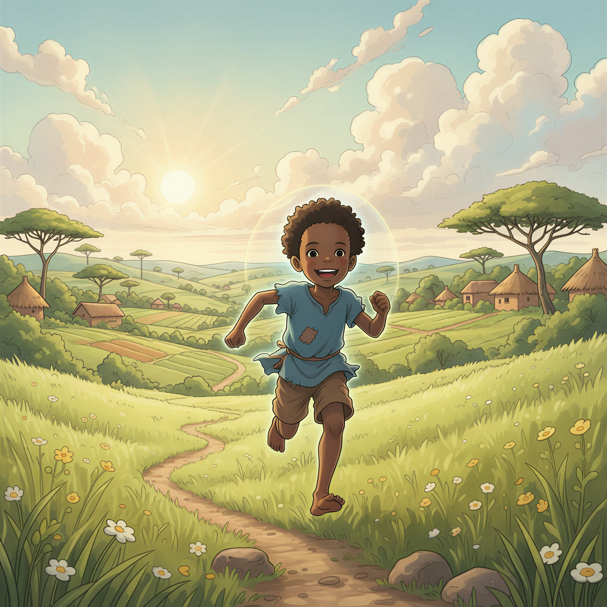 Studio Ghibli aesthetic. A slightly older child (around 6 years old) depicted mid-stride, full of energy, running through a lush green landscape typical of rural Kenya under a bright, sunny sky. Focus on strong limbs and robust movement. Use soft, vibrant greens and earthy browns. A subtle, shimmering outline suggests a protective barrier against invisible threats (like diarrhea). Mood: Vitality and resilience.