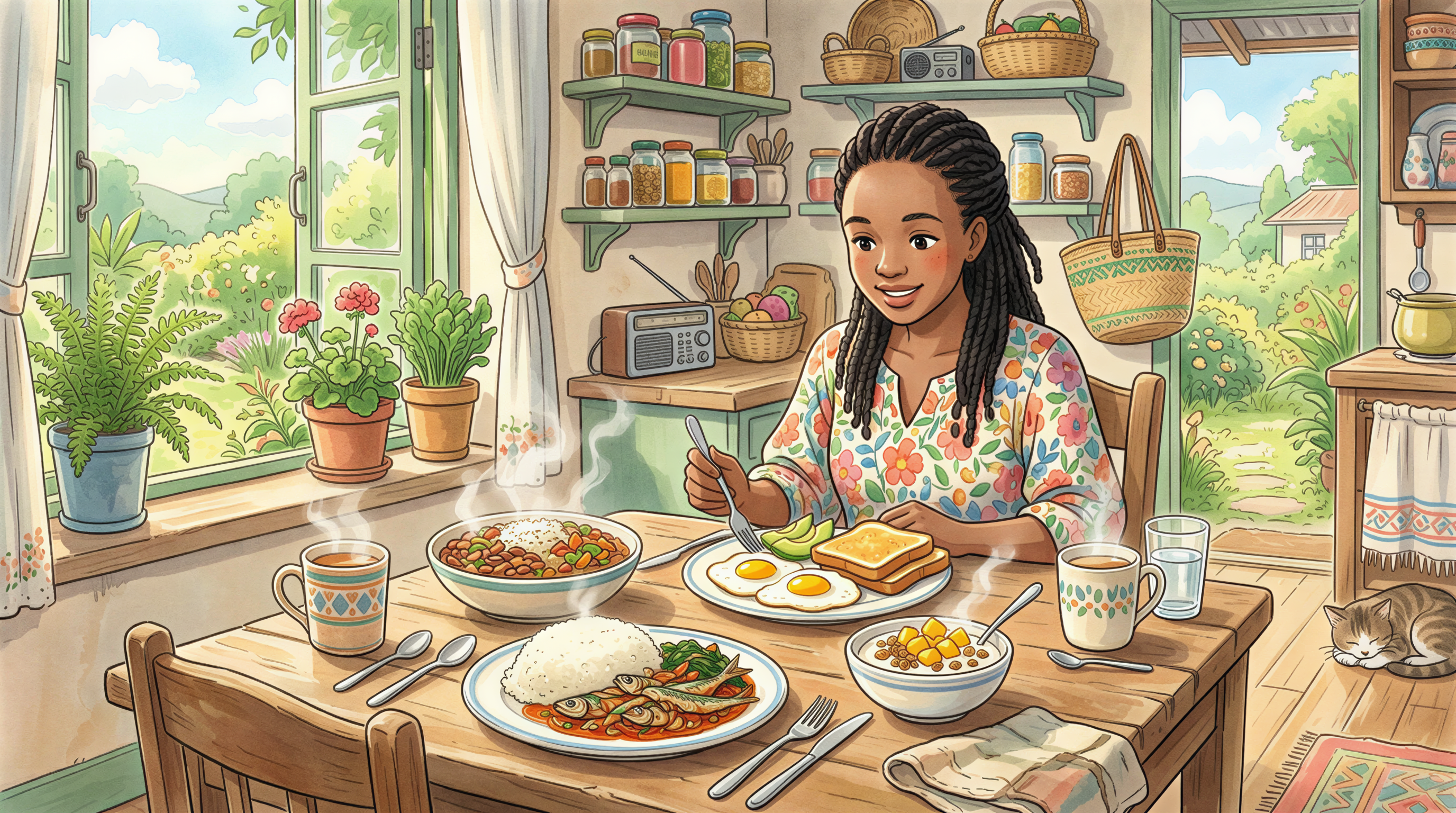 Post-run recovery plate ideas: eggs, beans, ugali, fruit in a cozy Kenyan kitchen