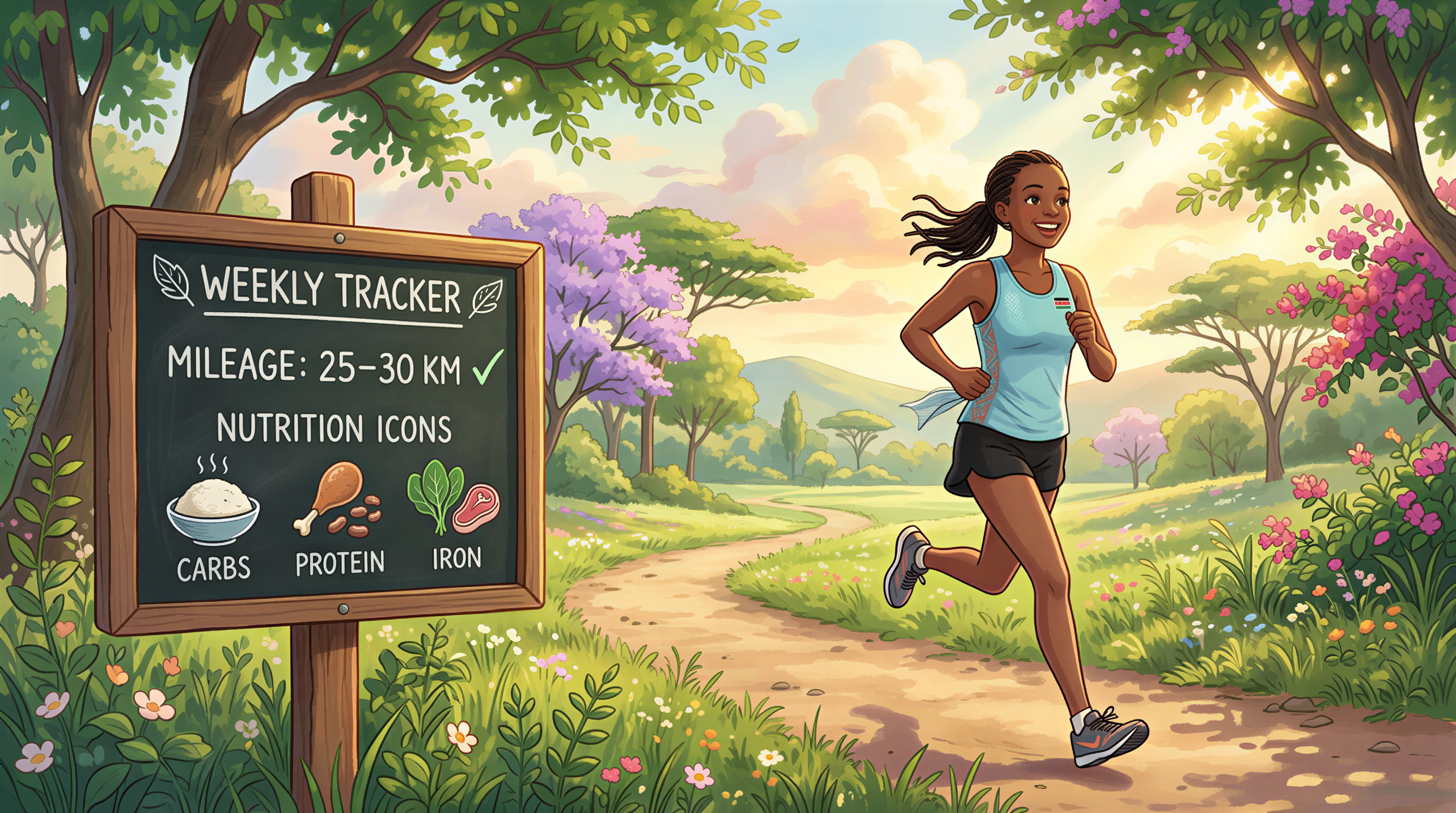 Kenyan runner training demands for 10K with nutrition focus in a Ghibli-inspired setting