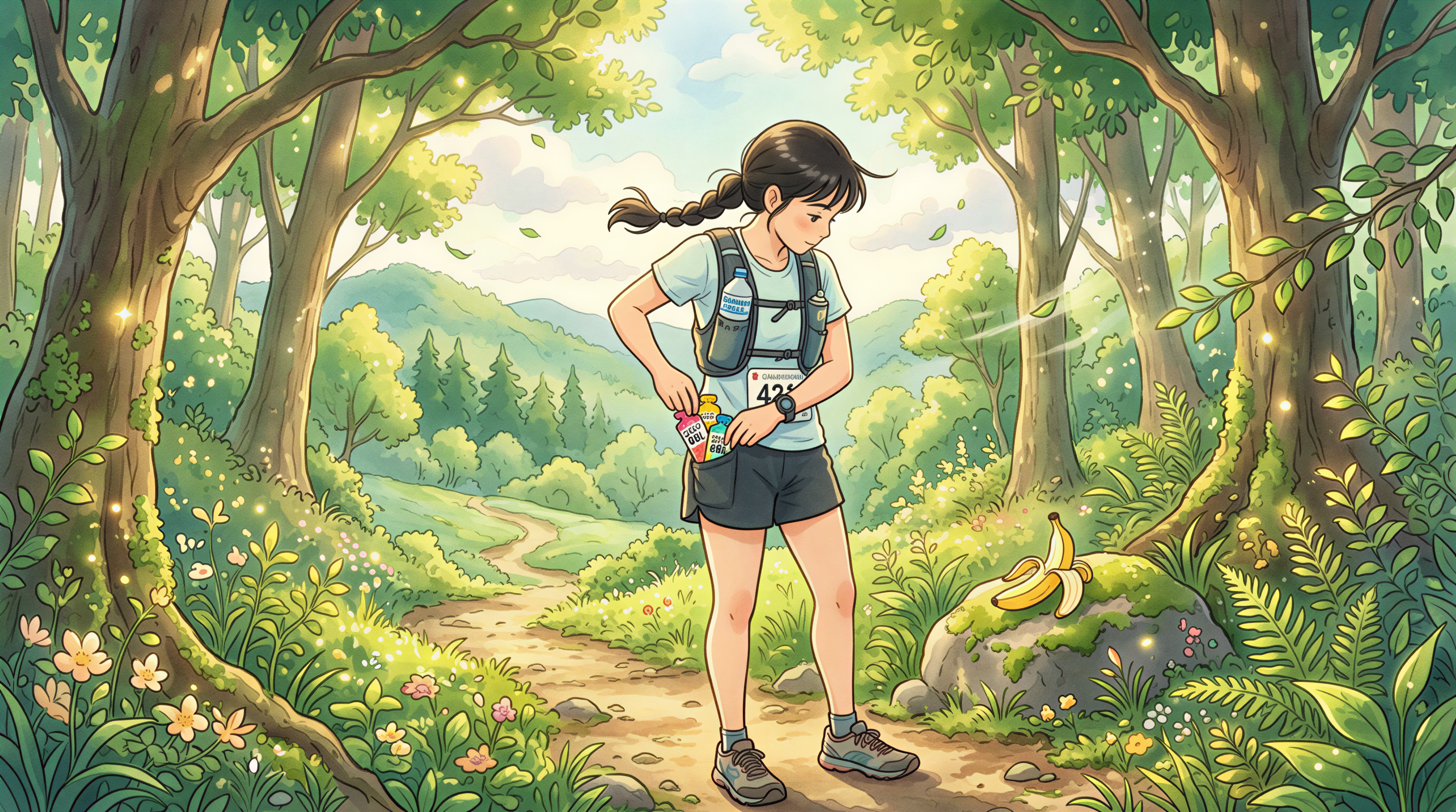 Mid-run fuel choices: gels vs. ndizi (banana) for a runner in a Ghibli setting