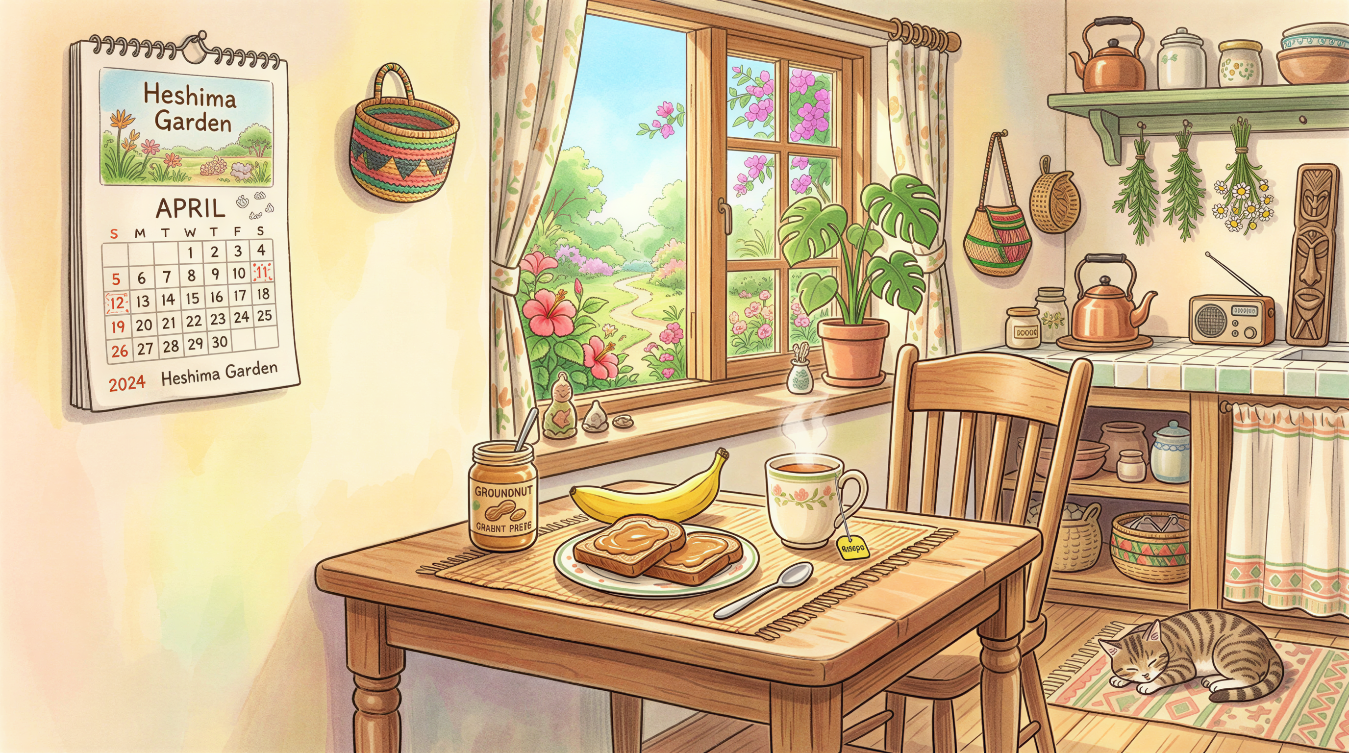 Pre-run plate nutrition scene with banana toast and tea in a cozy Kenyan kitchen