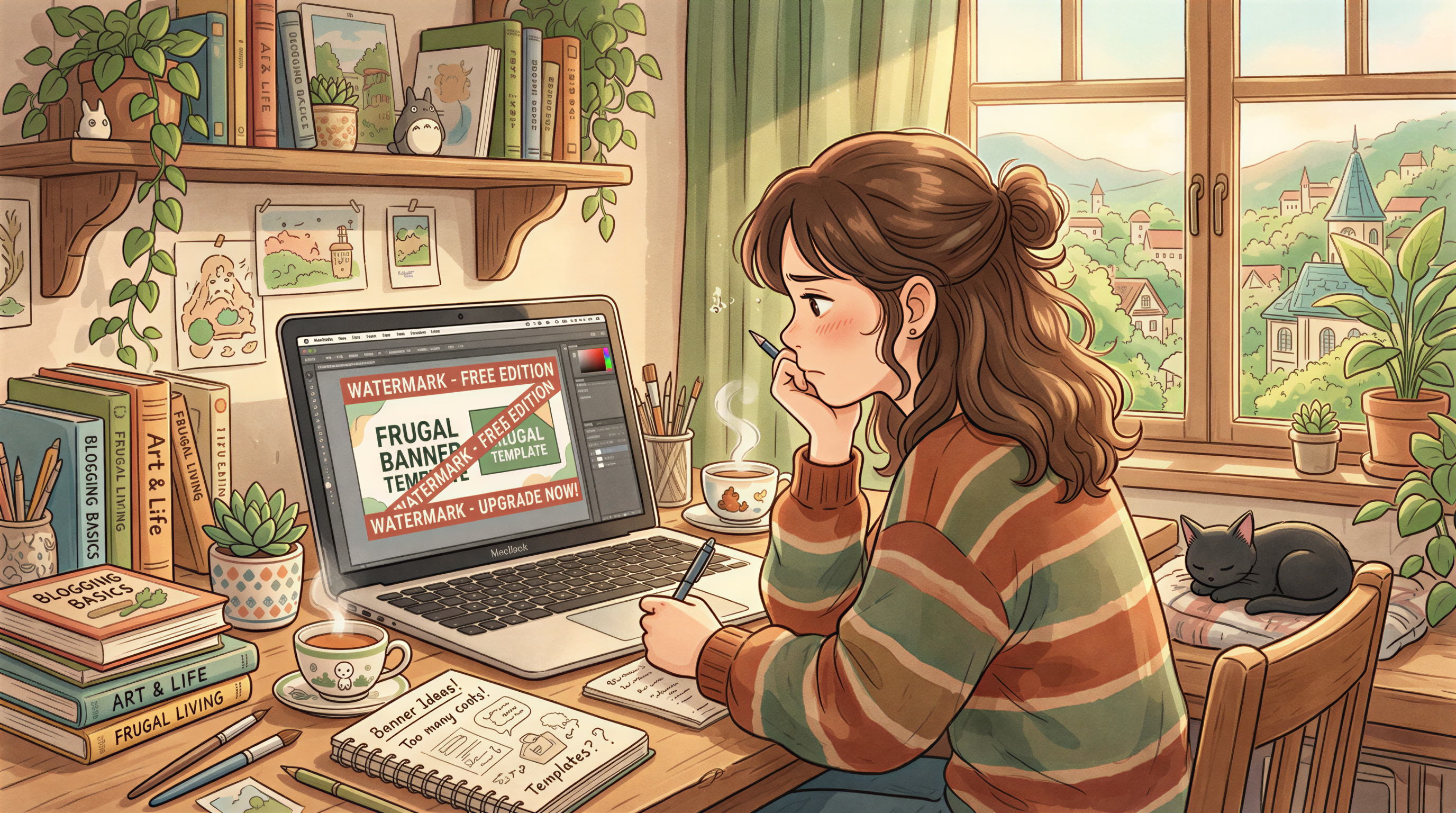 Disappointed blogger facing watermarked free banner templates on a cozy desk