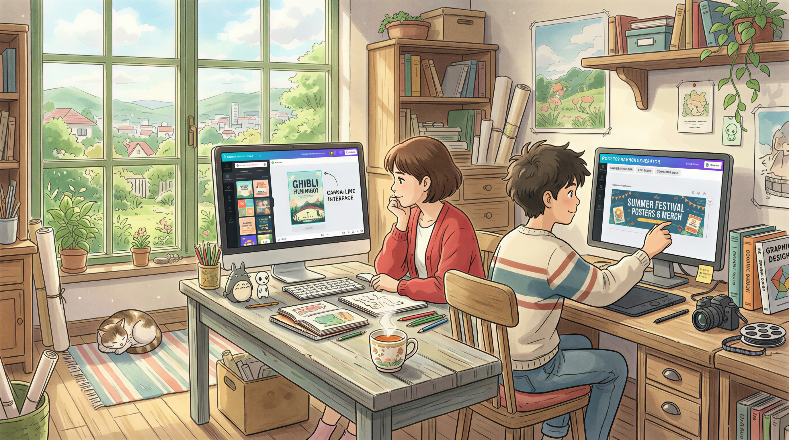 Canva vs Postpix style comparison at two desks in a cozy studio