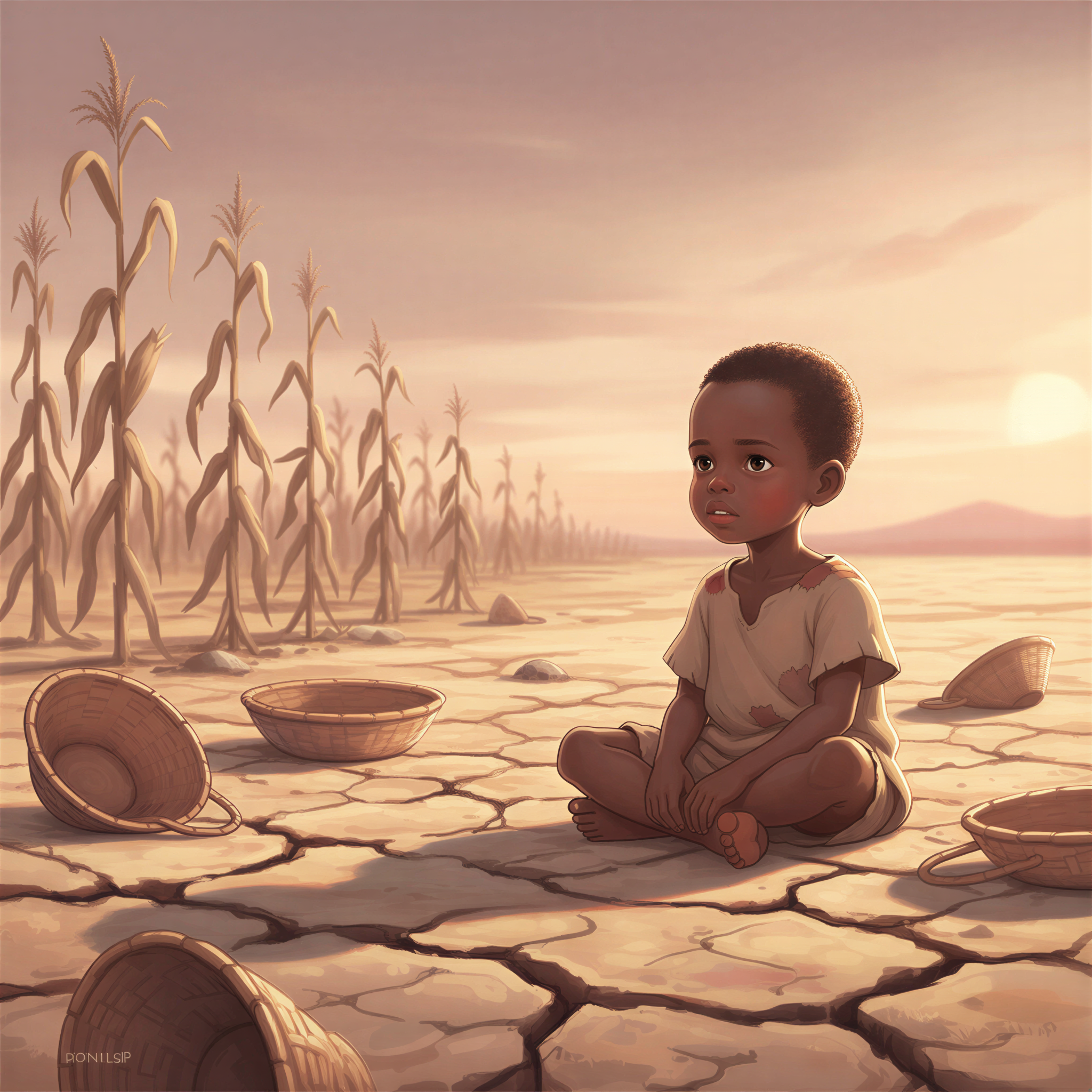 Illustration of a sad child looking at empty food baskets in a dry, dusty Kenyan village setting, Ghibli style.